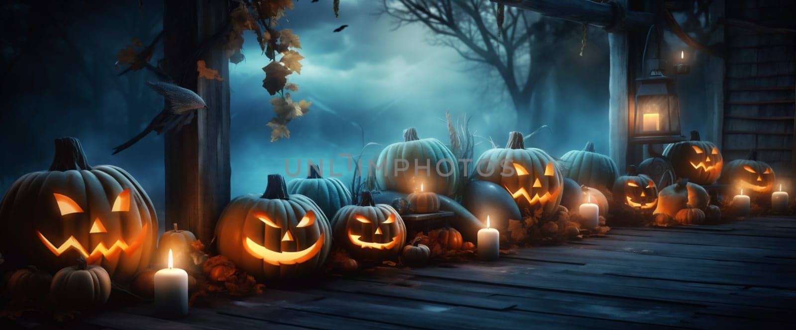 jack blue lantern moon sky mystery forest grunge pumpkin halloween night evil horror copyspace creepy fear background design fall table holiday. Generative AI.