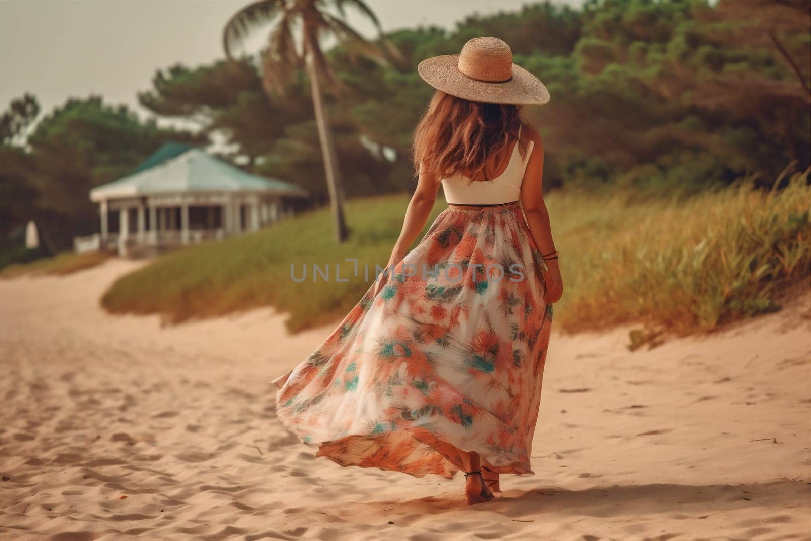 back woman beautiful sea outfit relax resort freedom style beauty hippie dress person fashion young travel beach vacation summer lifestyle happy. Generative AI.