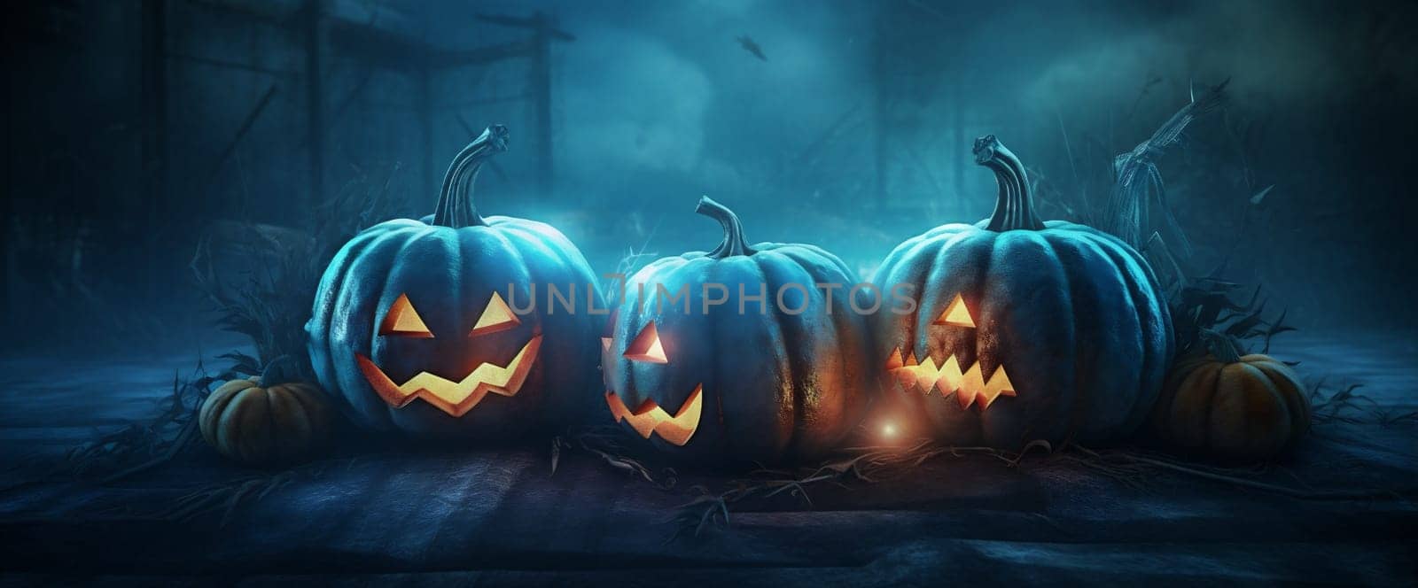 blue cemetery background celebration pumpkin copyspace evil autumn fall table forest halloween wood silhouette mystery horror night fear october glowing grunge. Generative AI.