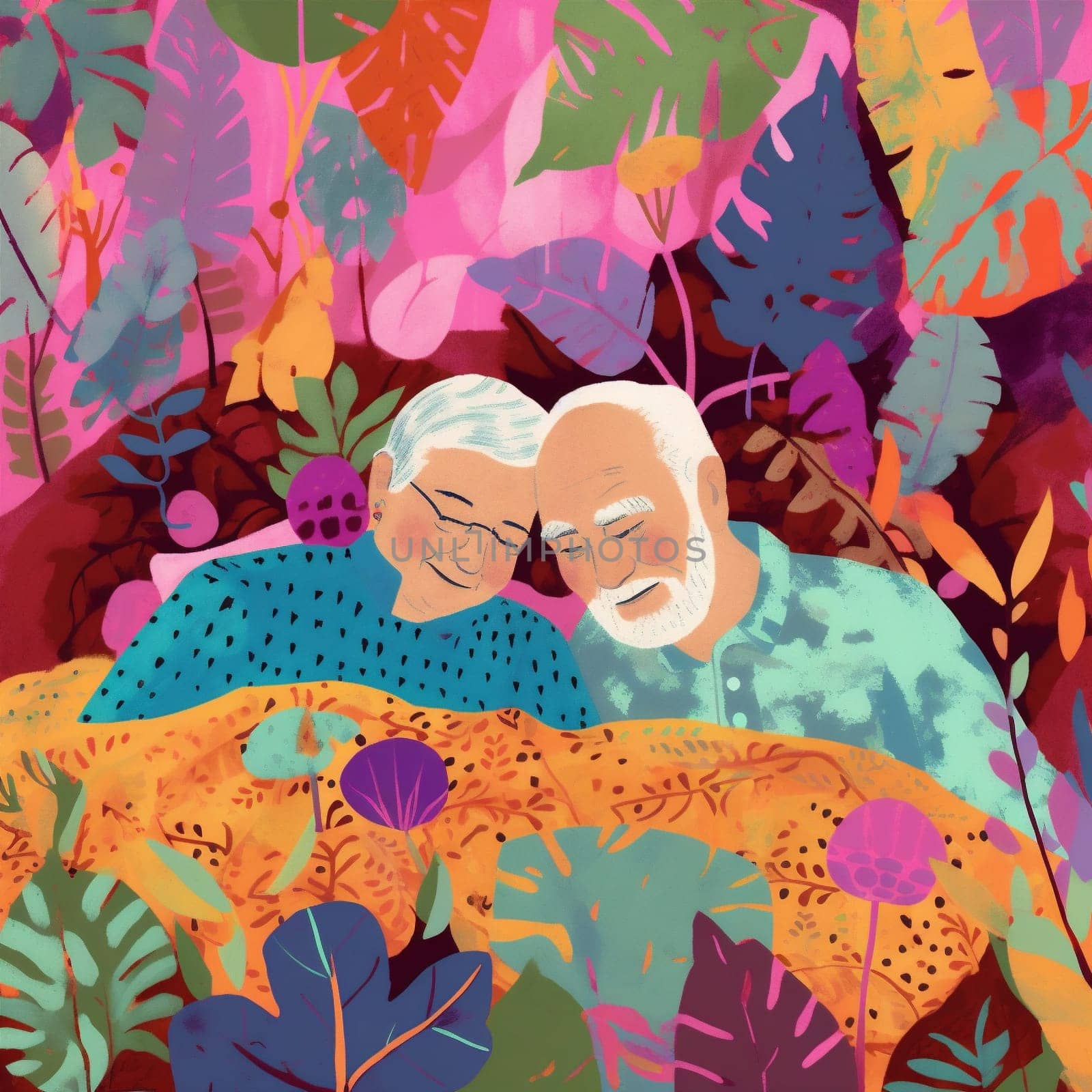 woman old man romantic happy love retired bed couple asleep together happiness. Generative AI. by Vichizh