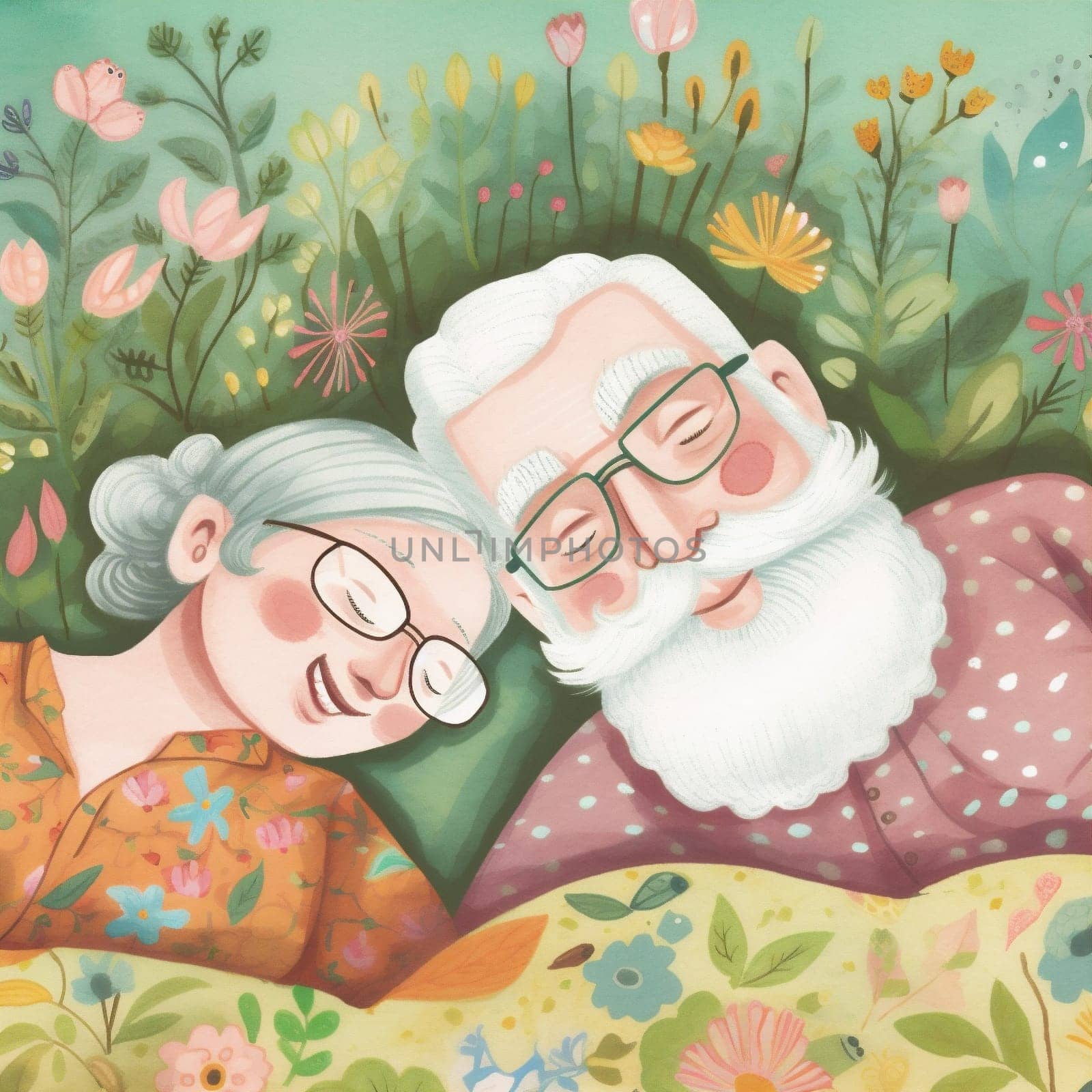 man woman love couple happy sleeping asleep lifestyle together old bed retired. Generative AI. by Vichizh
