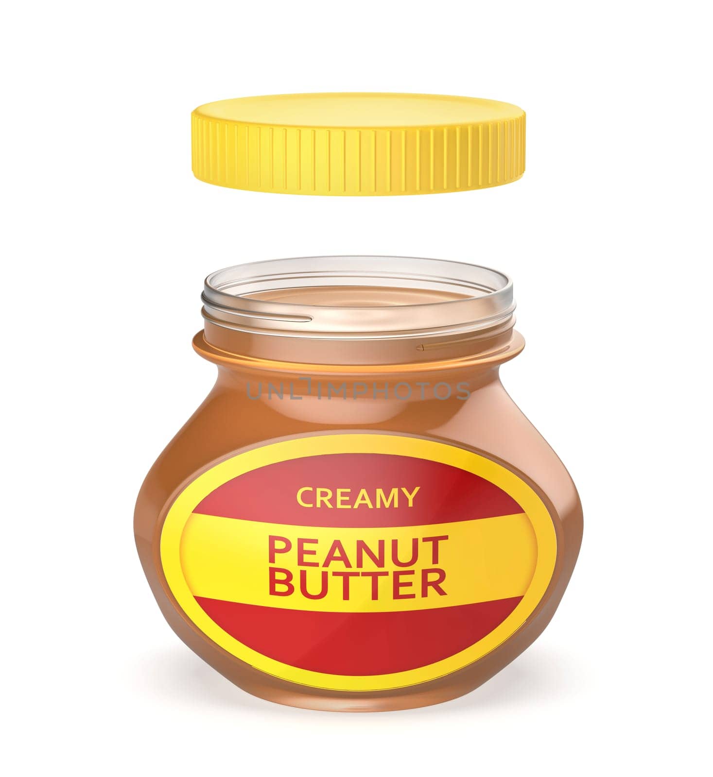 Glass jar with peanut butter on white background