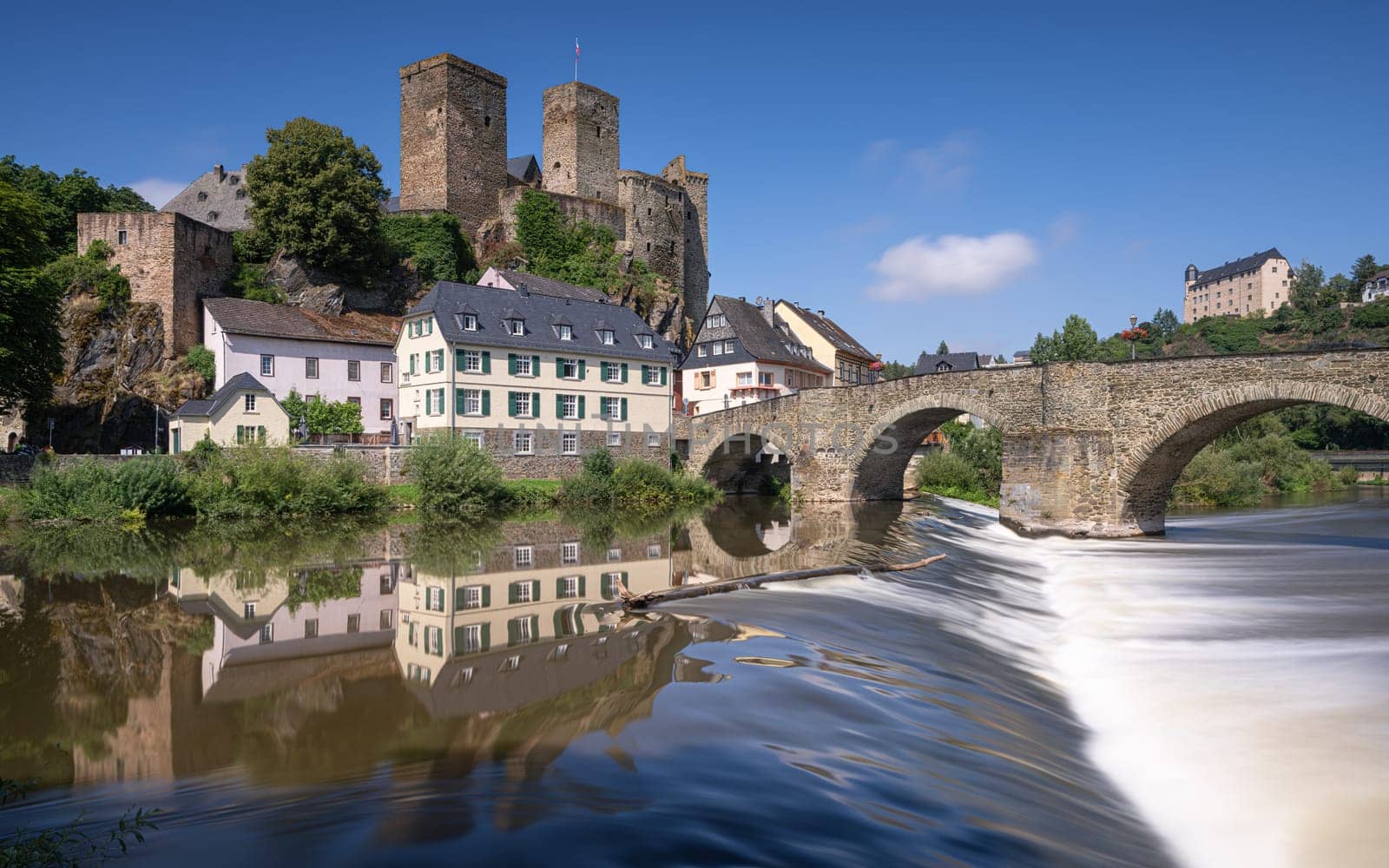 Panoramic image of historic buildings of Runkel close to the Lahn river, Hesse, Germany