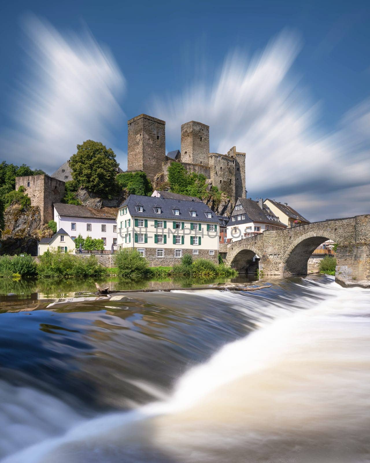 Panoramic image of historic buildings of Runkel close to the Lahn river, Hesse, Germany