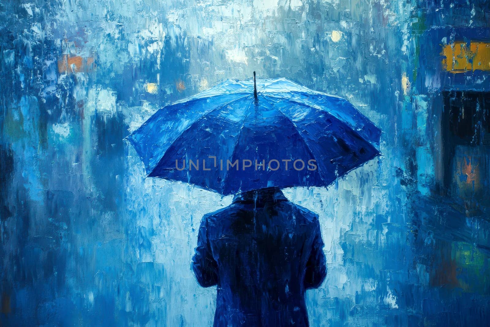 Blue Monday with oil painting a man hold a blue umbrella..