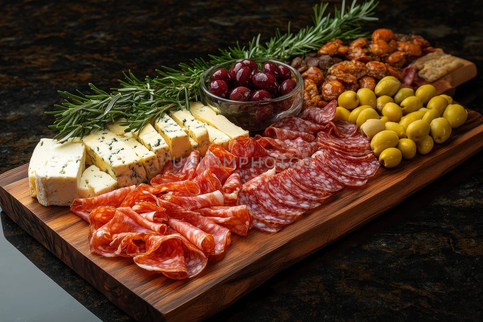 Beautiful charcuterie board with an assortment of meats, garnished with herbs, surrounded by flowers and fruit..
