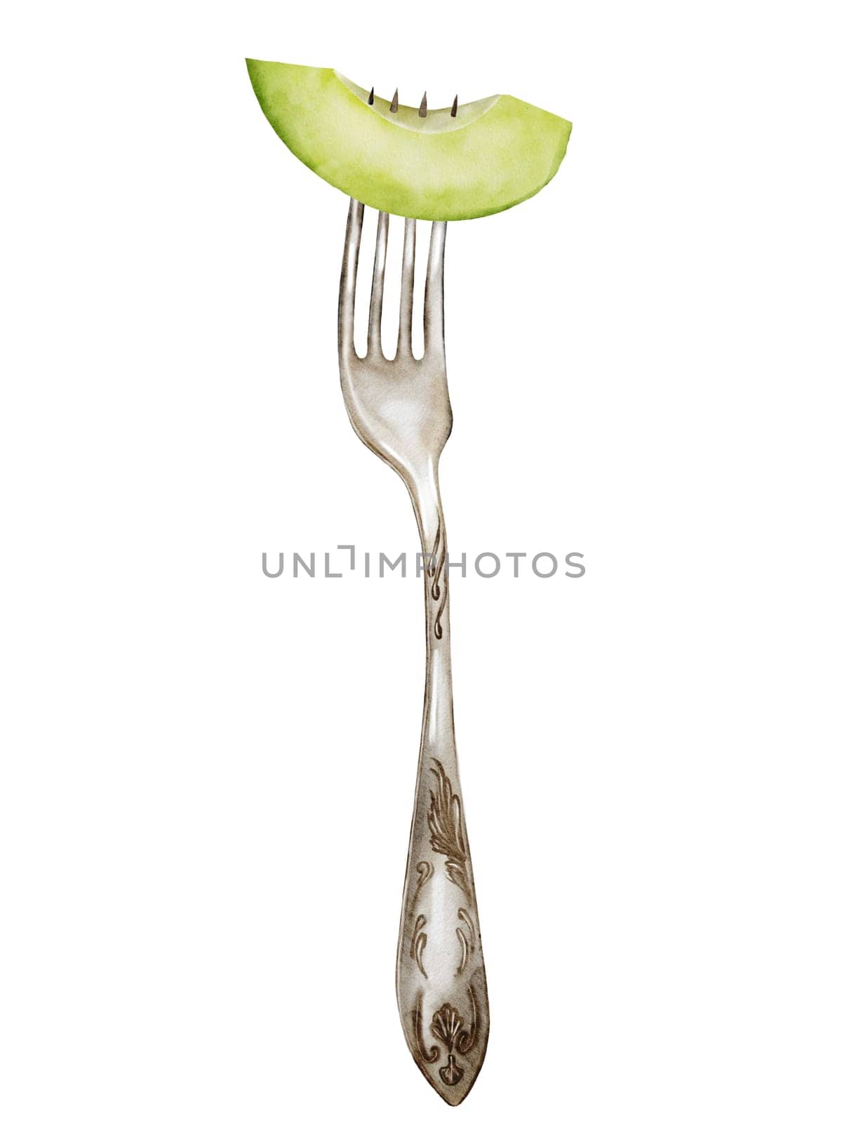 Avocado watercolor illustration. A piece of ripe fruit on a fork on an isolated white background. Botanical composition with kitchen appliance. Hand-drawn clip art for menu design, price tags, packaging of vegetarian stores and cafes. High quality illustration