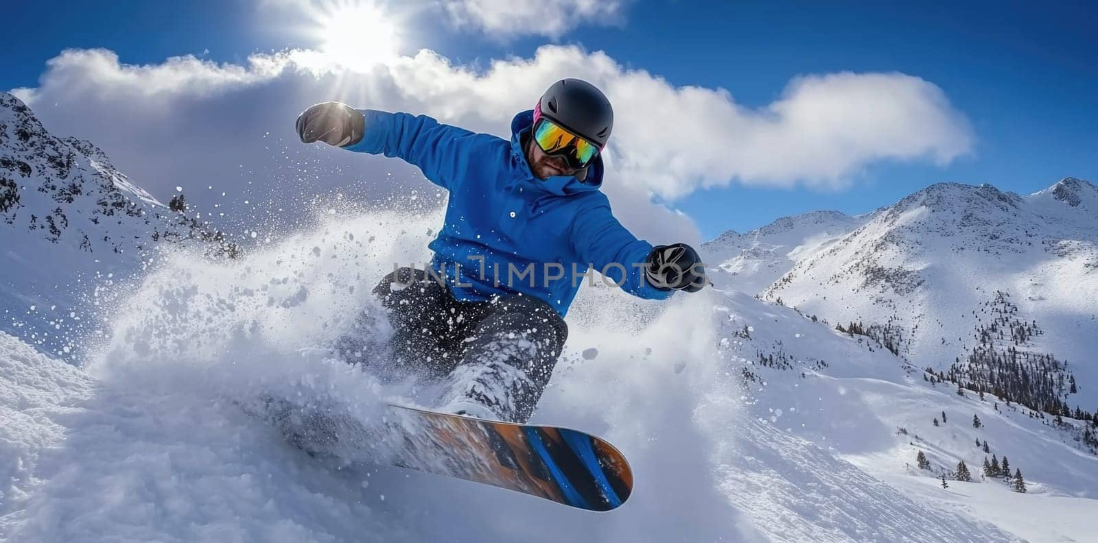 Mountain descent: snowboarder carving through fresh powder in winter mountains, capturing essence of outdoor sports and exhilaration of gliding down pristine slopes under sky