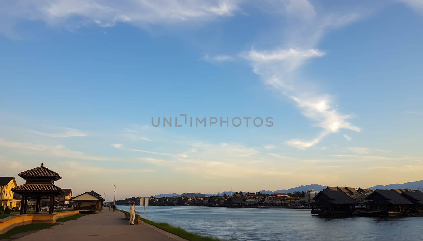 This serene image captures a tranquil river flowing past traditional wooden houses, with a backdrop of distant mountains. The sky is a beautiful blue with wispy clouds, and the golden hour light casts a warm glow on the scene. This image evokes a sense of peace and tranquility, and would be perfect for use in travel brochures, websites, or social media posts. It also makes a great background for any project that requires a calming and inspiring atmosphere.