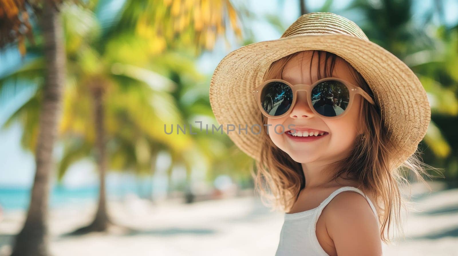 Portrait of cute preschool girl wearing hat and sunglasses. Girl laughing cheerfully during family vacation in tropics on winter holidays. High quality photo