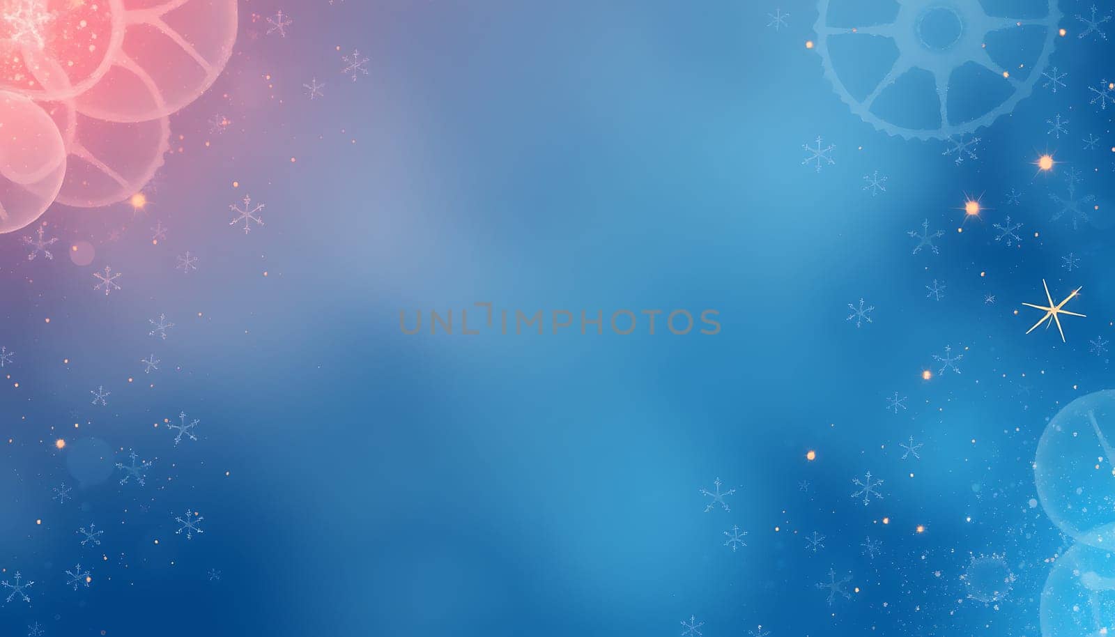 A beautiful abstract winter background with snowflakes, stars, and a soft blue and pink gradient. This image is perfect for creating festive designs, greeting cards, social media posts, or any project that needs a touch of winter magic. The subtle blur and bokeh effects create a dreamy and whimsical atmosphere, making it ideal for evoking a sense of peace and wonder.,