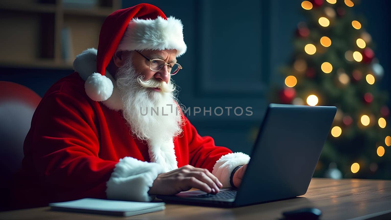 santa clause working on laptop against festive background, generative ai. High quality photo