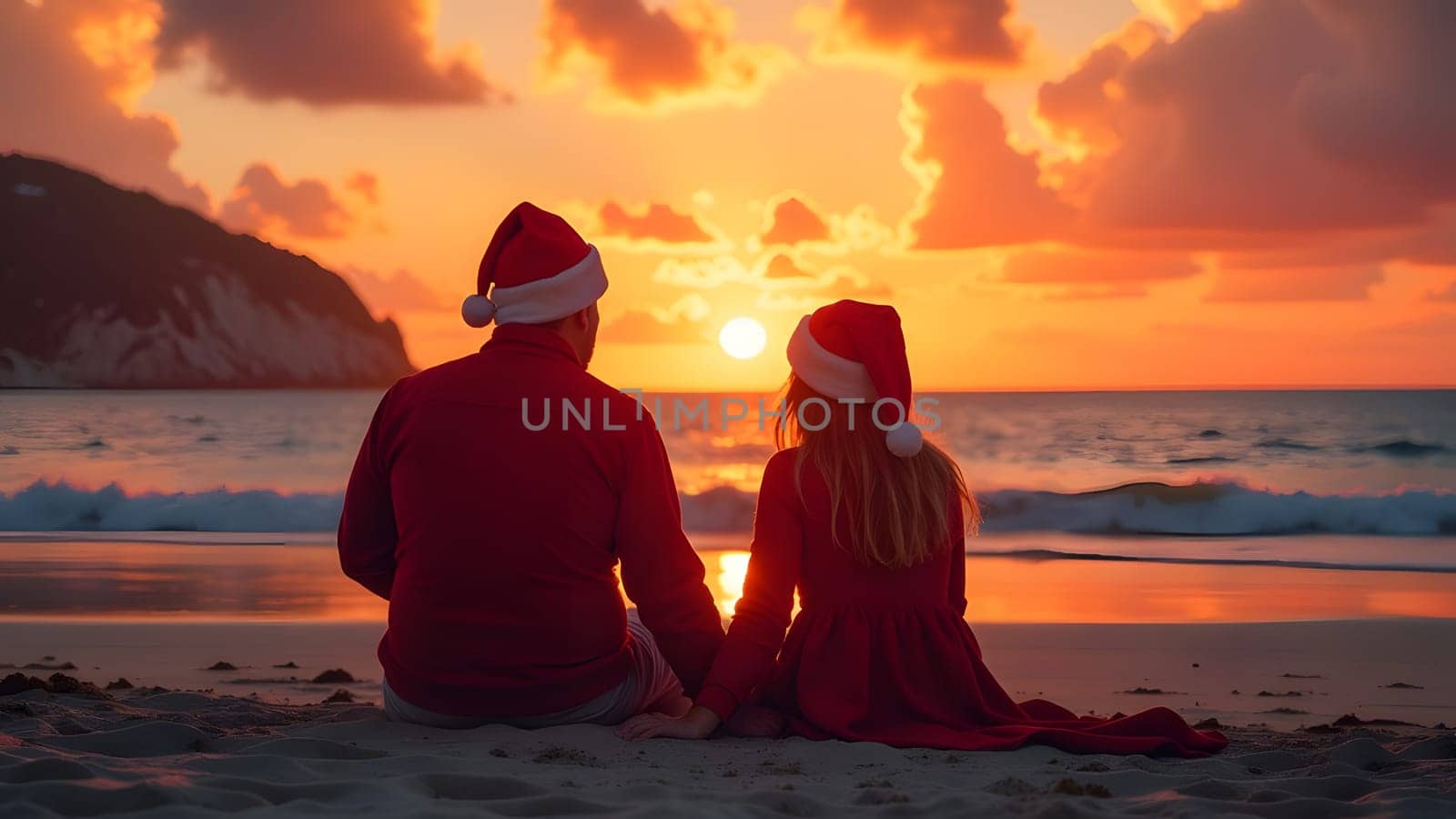 couple dressed in santa clause costumes watching sunset on the beach, generative ai. High quality photo