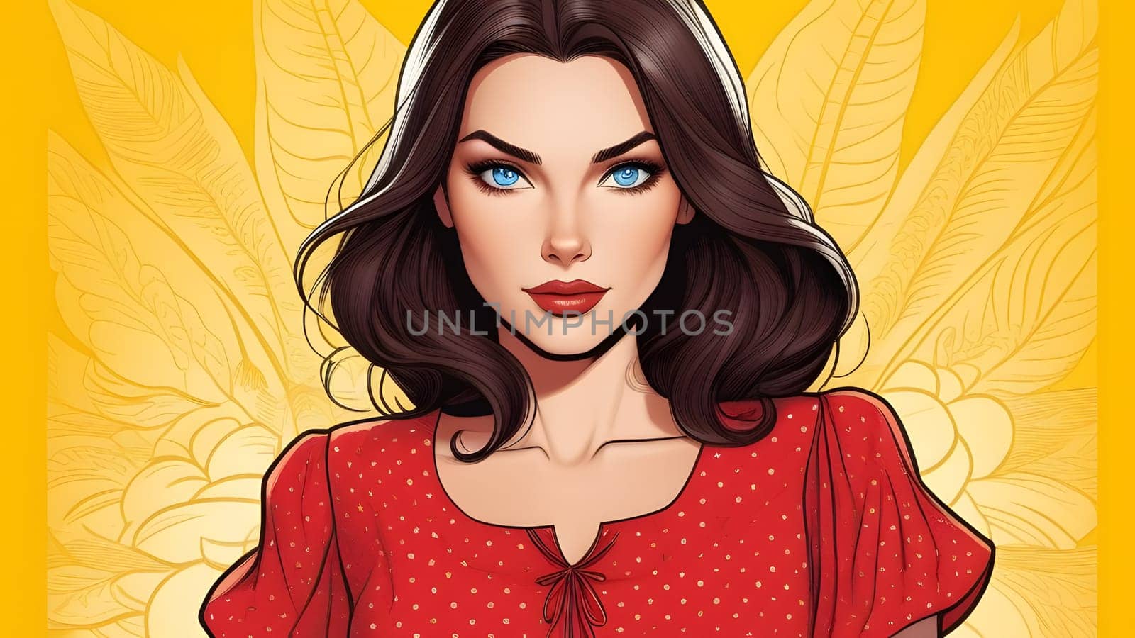 cartoon style beautiful brunette with blue eyes, generative ai. High quality photo