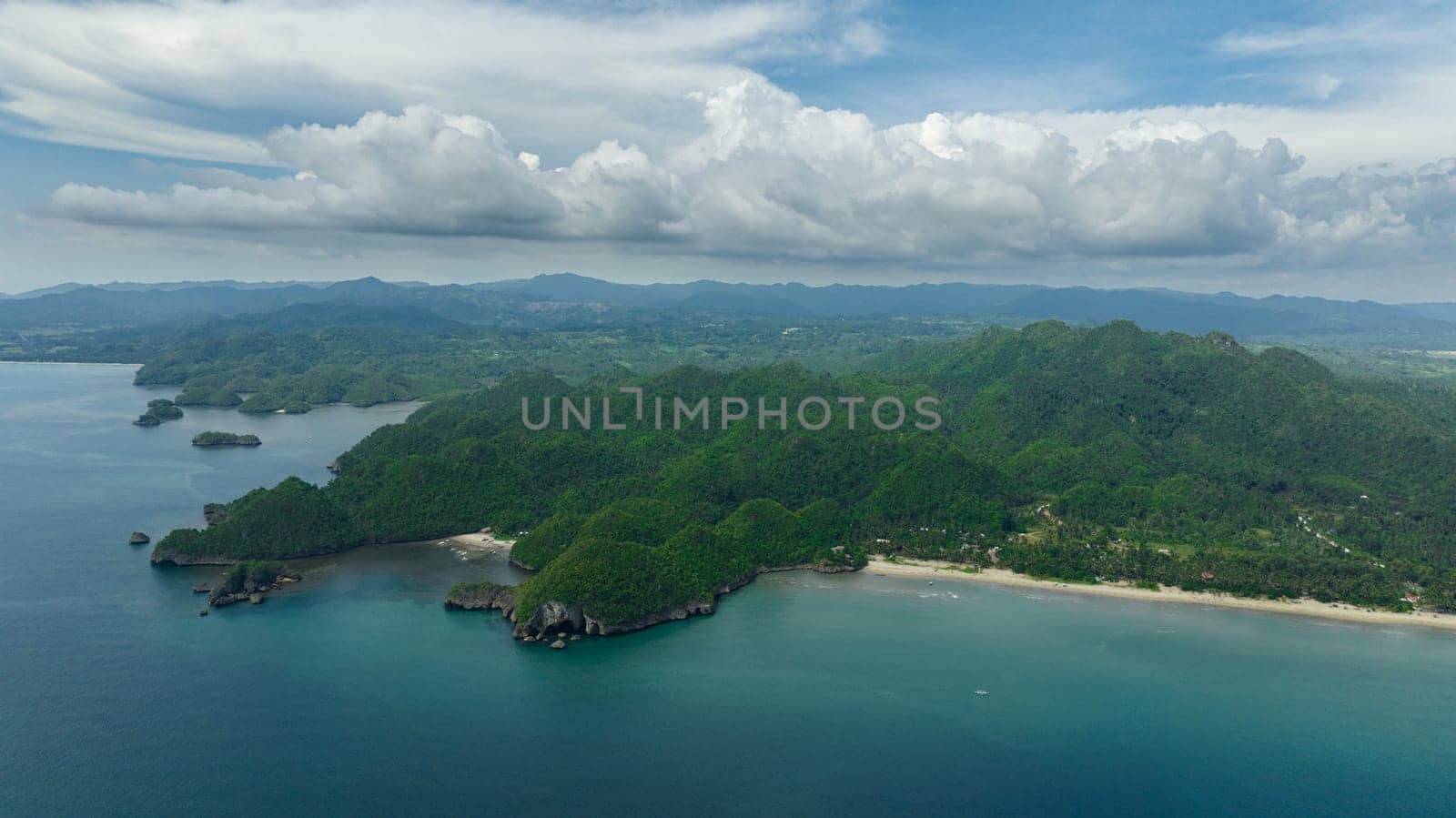 Aerial view of coast of the island with tropical vegetation and the beach. Negros, Philippines.