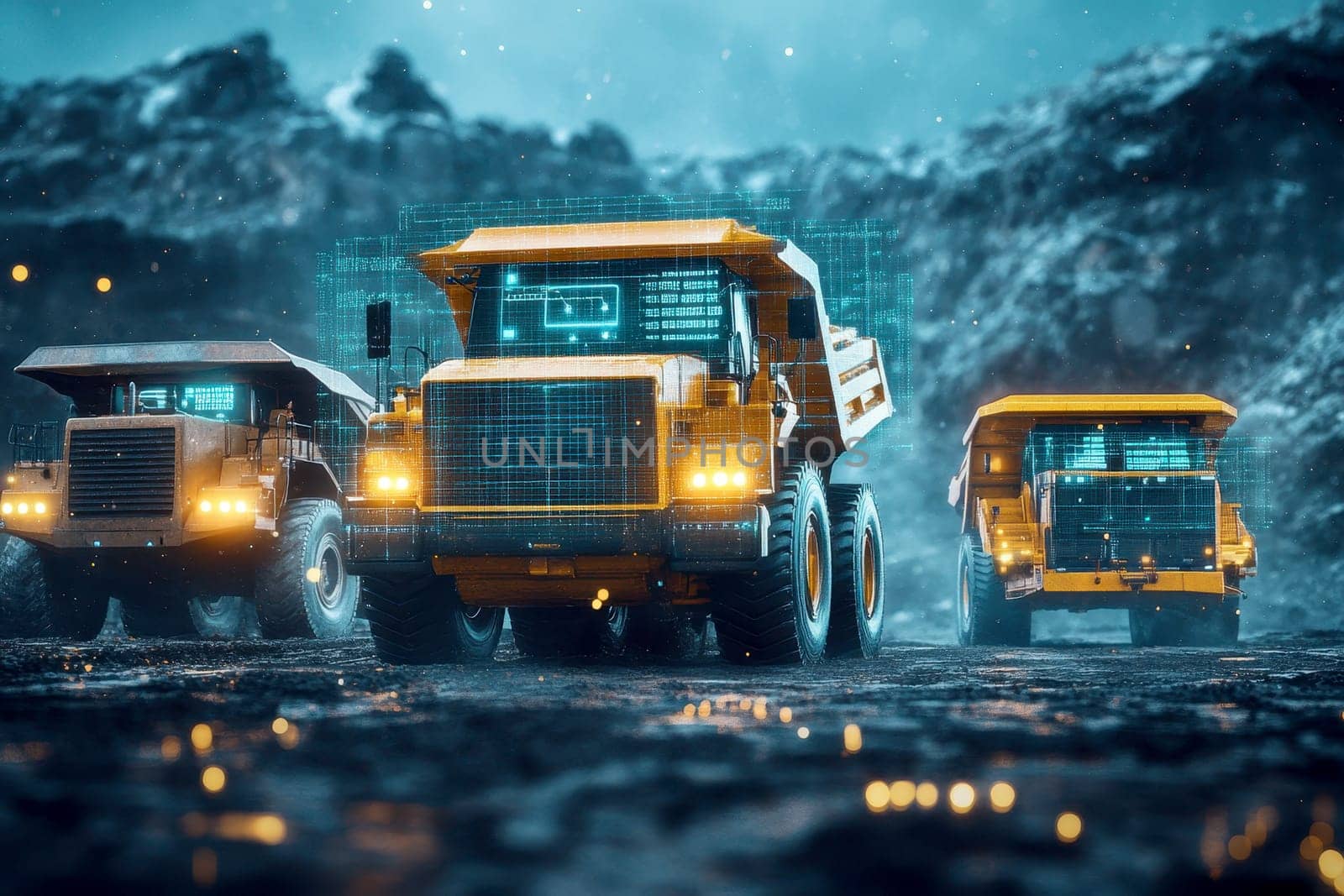a mining trucks enhanced with IoT technology for real time tracking monitoring and management The system enables data driven optimization of logistics productivity..