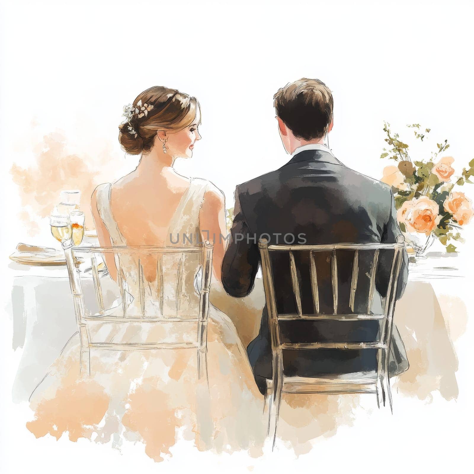 Image of the bride and groom in wedding dresses. They are sitting on chairs at the wedding table. Rear view. High quality photo