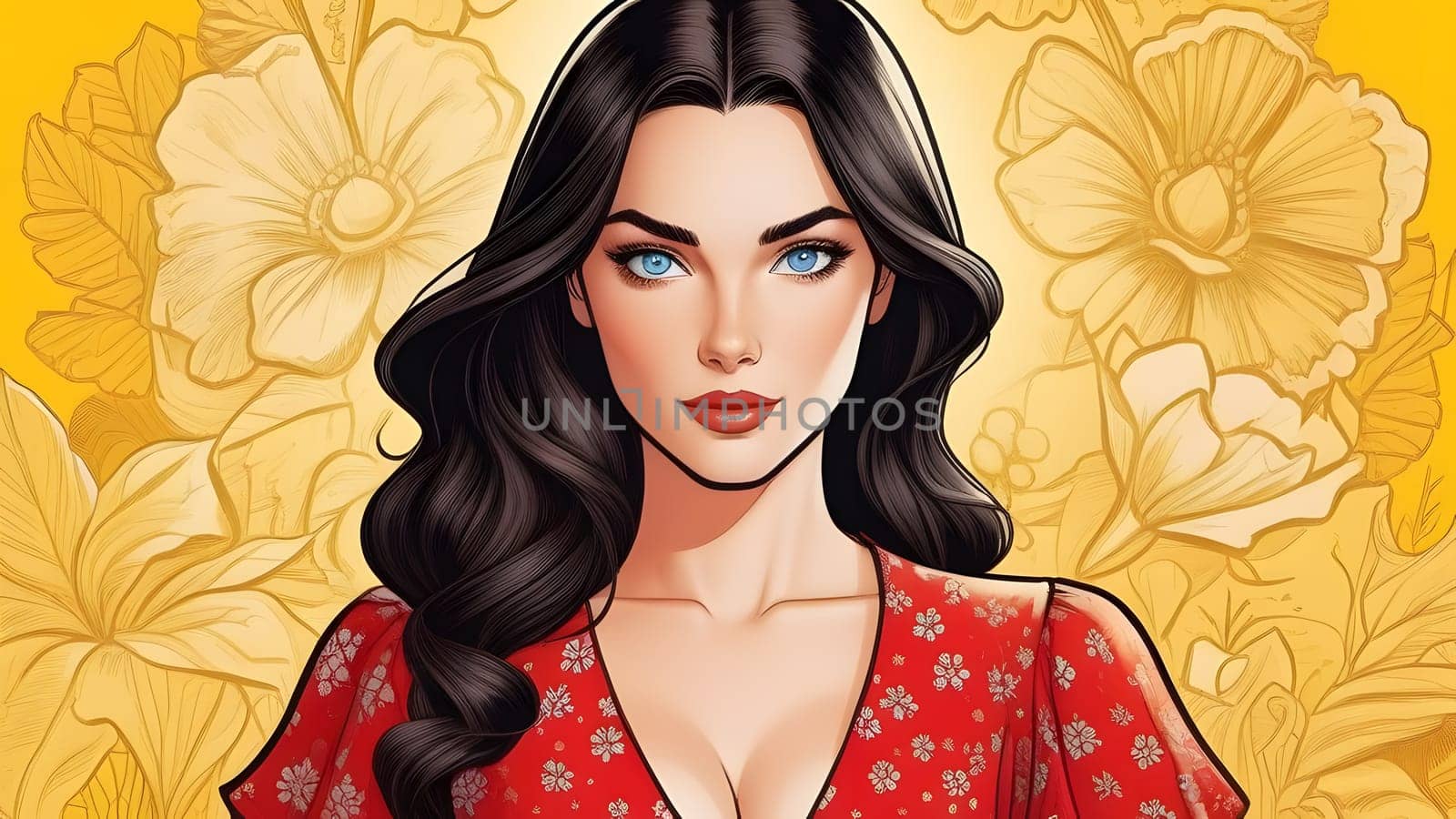 cartoon style beautiful brunette with blue eyes, generative ai. High quality photo