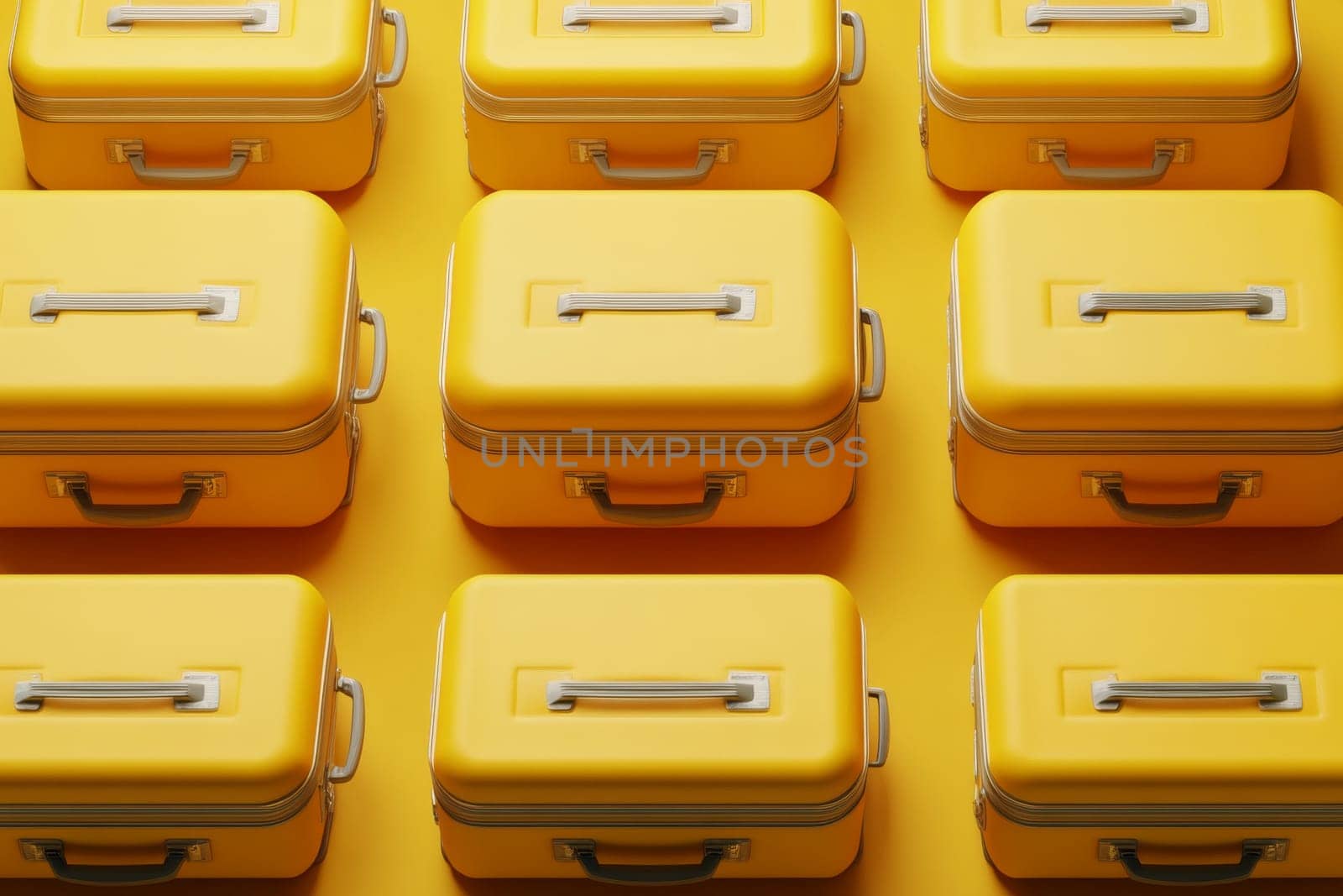 Many bright yellow suitcases on an isolated background. High quality photo