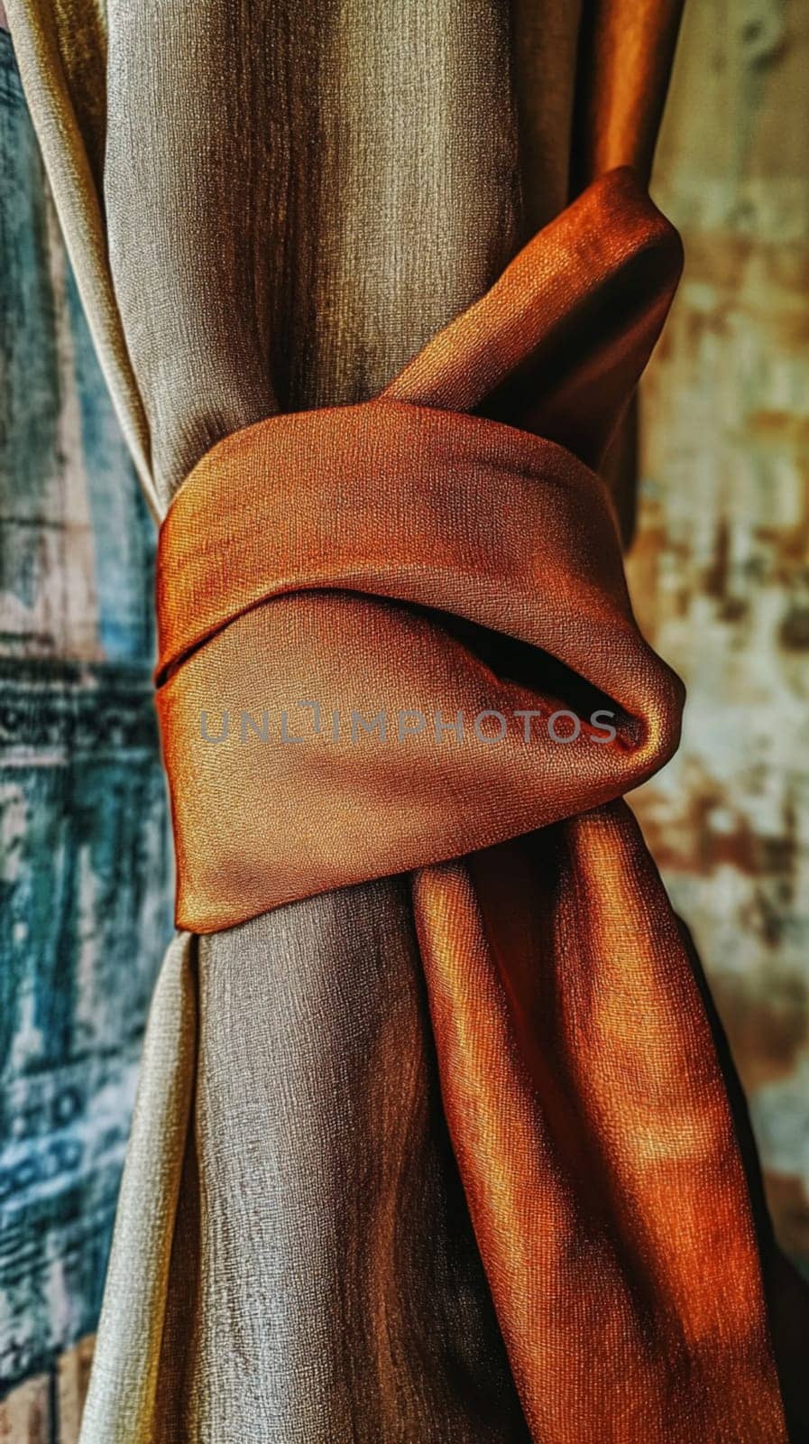 Smooth, shiny brown satin fabric is draped and flowing, creating soft folds and highlighting the luxurious texture of the material