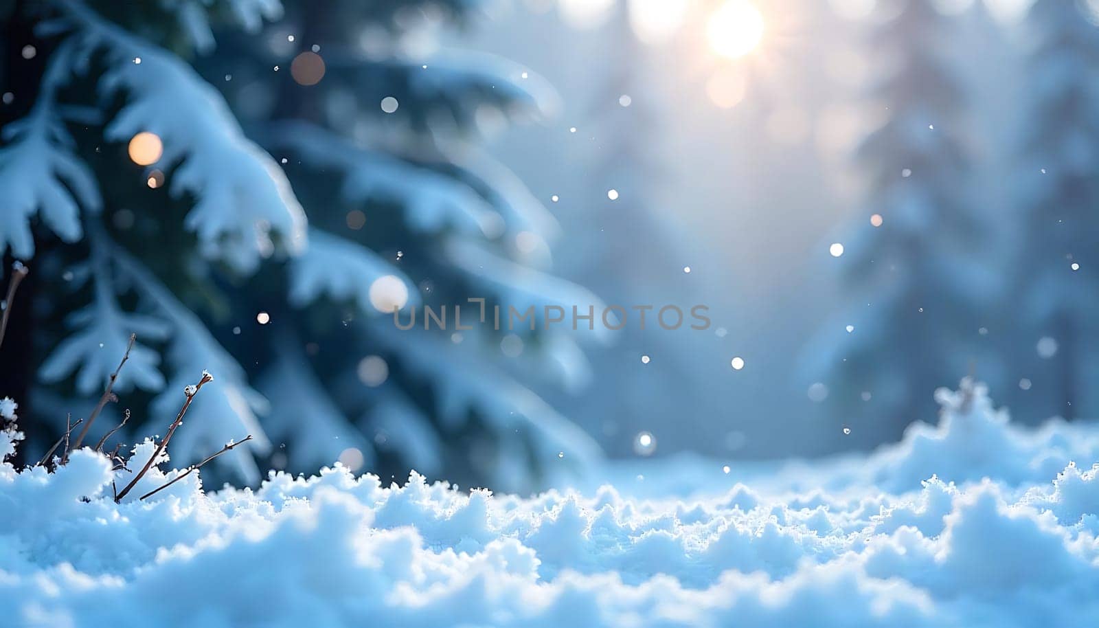 A beautiful winter background with soft, fluffy snow in the foreground, blurred trees in the background, and a bright sun shining through the snow. Perfect for creating a wintery, magical feel in your designs. Use it as a background for winter holiday themes, as a texture for a wintery scene, or to add a touch of winter to your designs. ,