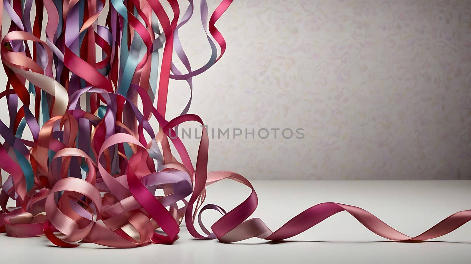 A beautiful composition of colorful ribbons arranged in a dynamic and artistic way against a white background. This image can be used for various purposes, including celebrating special occasions, promoting gift wrapping, or creating elegant backgrounds for design projects. The ribbons are arranged in a way that creates a sense of movement and energy, and the colors are bright and vibrant. This image is perfect for adding a touch of elegance and festivity to any project.