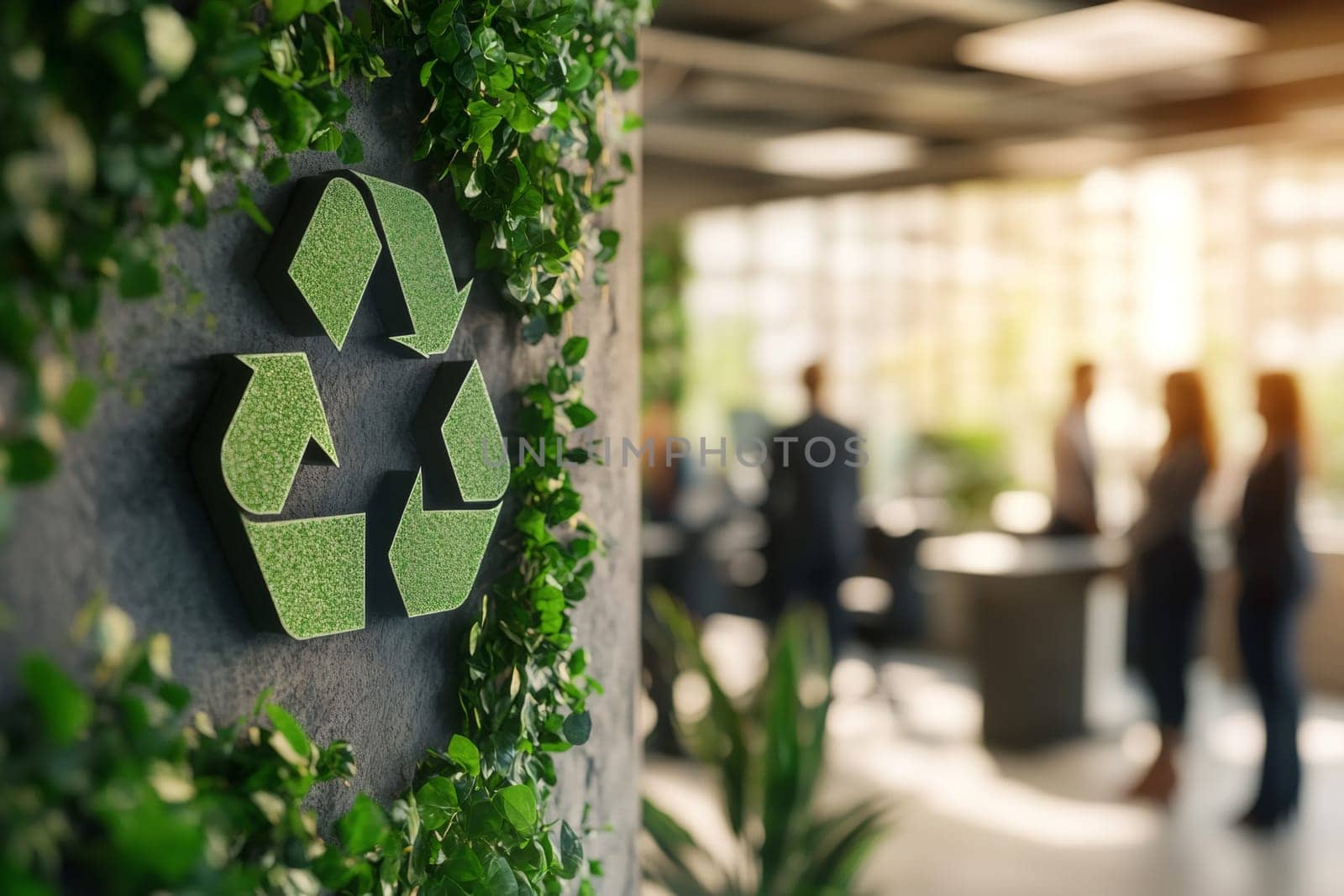 Symbols of ecology against the background of greenery in the office, where issues of greening the metropolis, recycling of waste, and problems of environmental pollution are being addressed. High quality photo