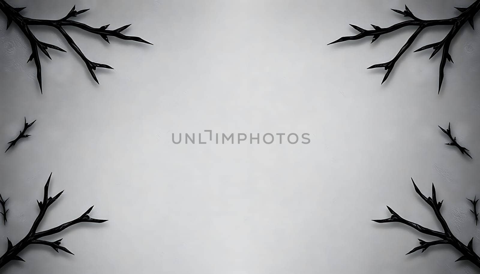 A simple yet striking image featuring black branches arranged to form a frame on a white background. Perfect for adding a touch of elegance or mystery to your designs. Use this image for invitations, posters, website headers, social media graphics, and more.,