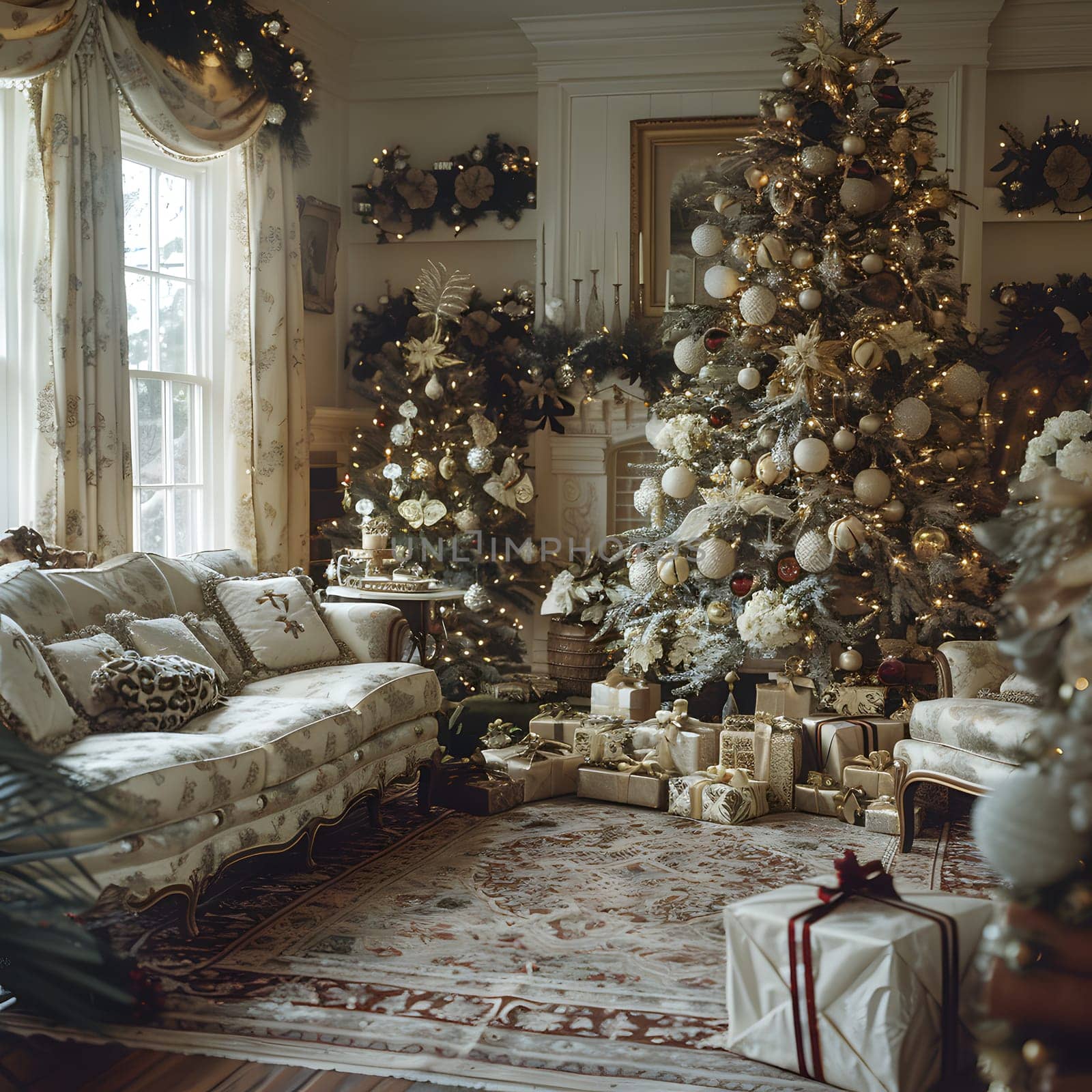 An interior design with a brown couch, Christmas trees, and presents, inside a wooden building. The house is filled with holiday decorations and ornaments, seen through the window