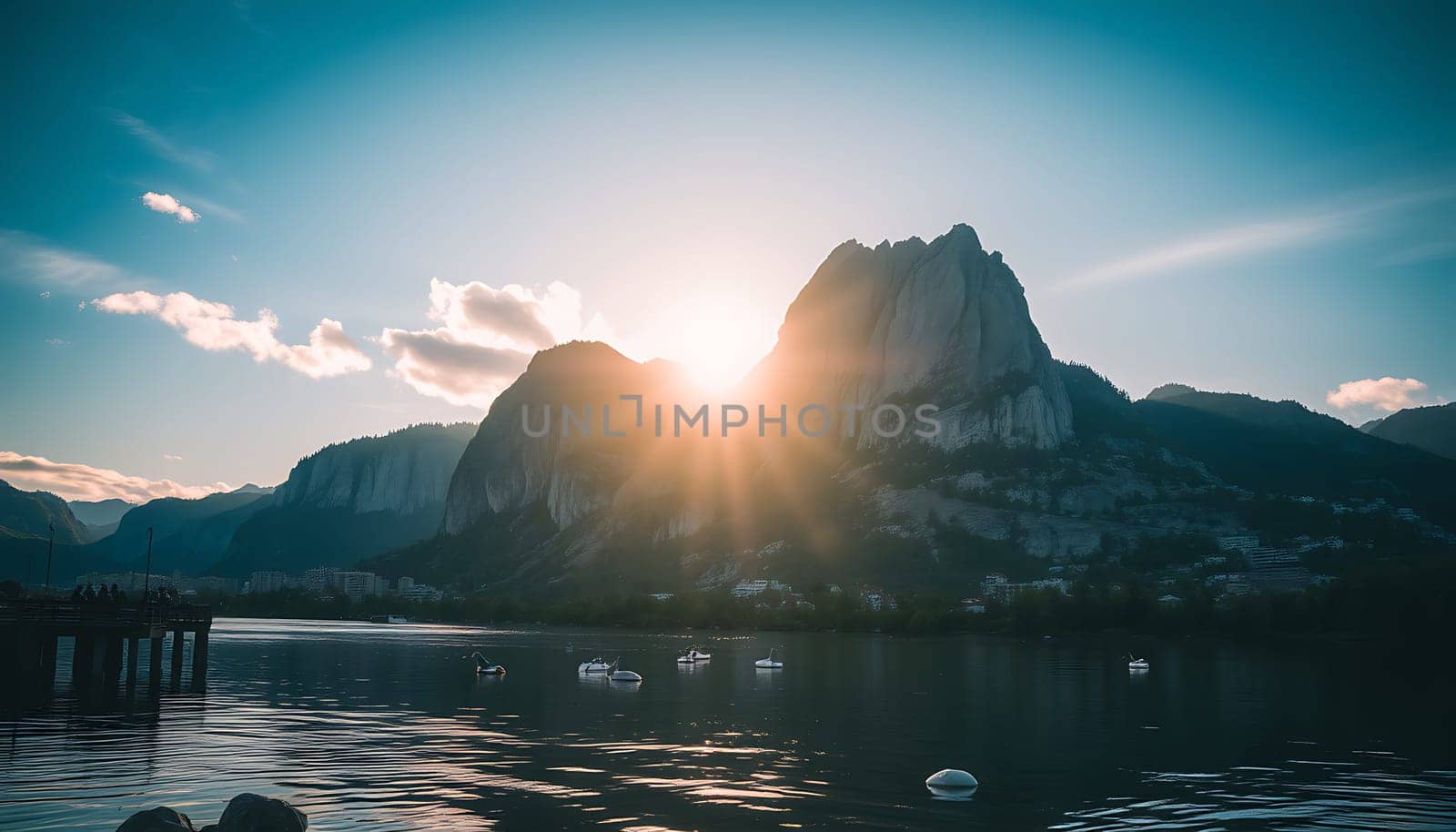 A breathtaking view of a mountain lake at sunset. The sun is setting behind a majestic mountain range, casting a warm glow over the water. Boats dot the calm surface of the lake, creating a peaceful and idyllic scene. The image evokes a sense of tranquility and beauty, perfect for projects related to travel, nature, or relaxation.
