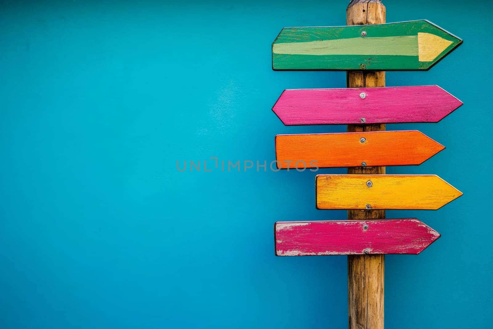 Wooden pole with multicolored arrows pointers on isolated blue background. High quality photo