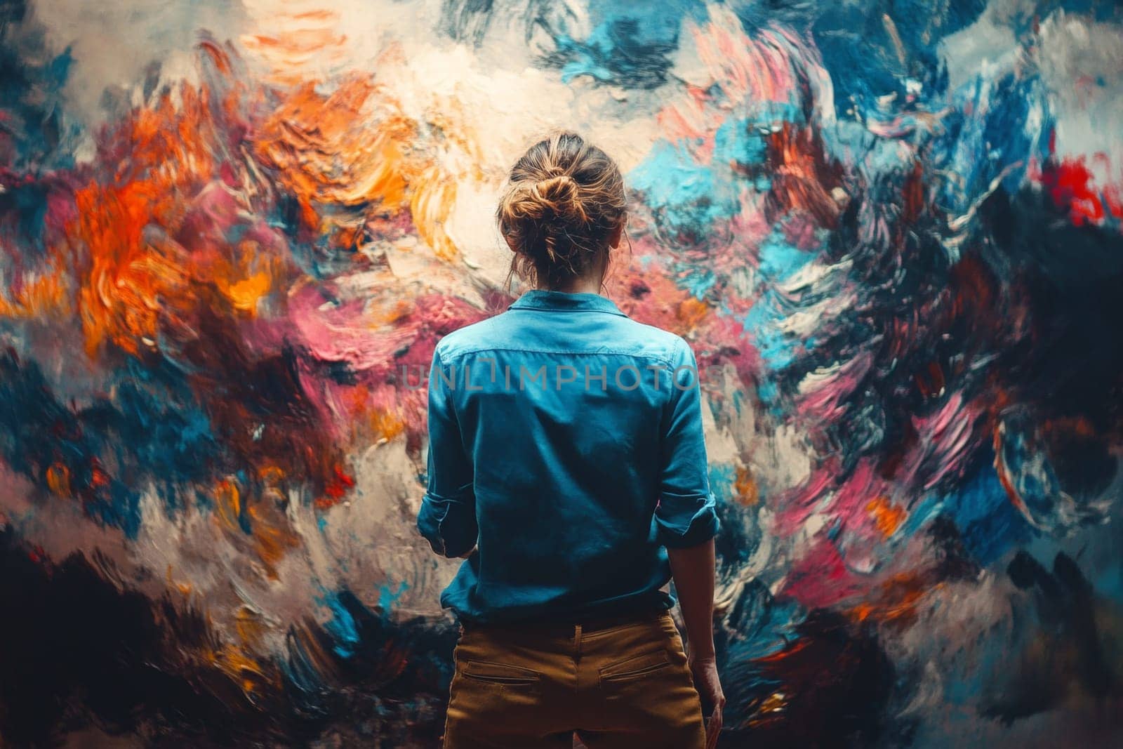 Rear view of a female artist who is very passionate about the process of painting a new picture with bright colors. High quality photo