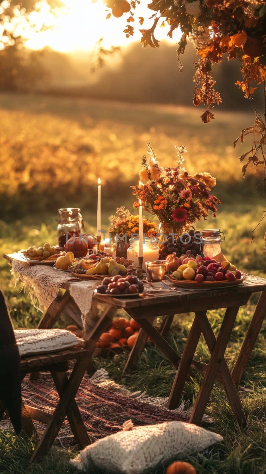 A very beautifully set table in nature, in a cozy autumn garden. High quality photo