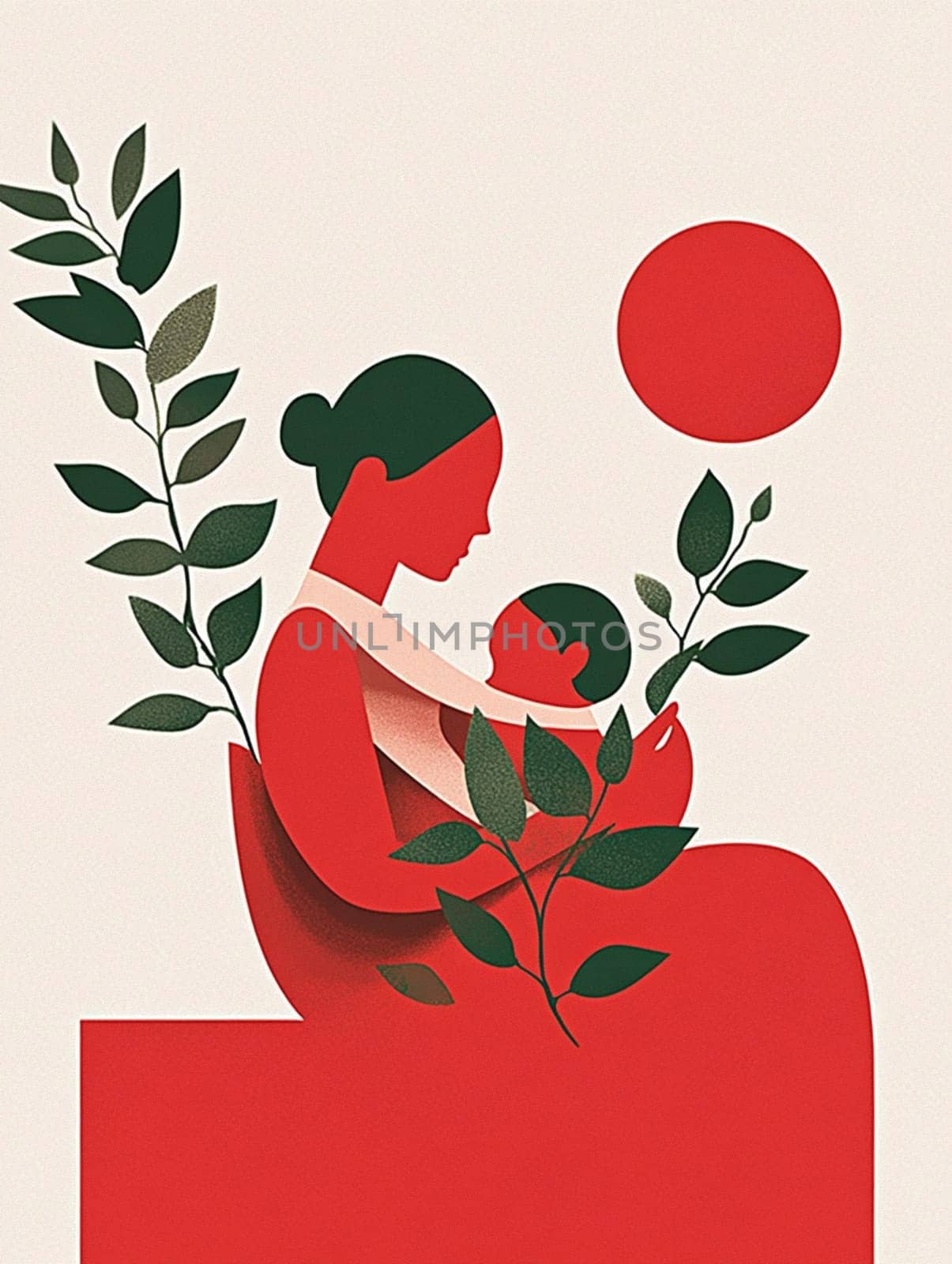 Minimalist illustration of a mother holding her baby surrounded by leaves, celebrating the bond of motherhood and family love