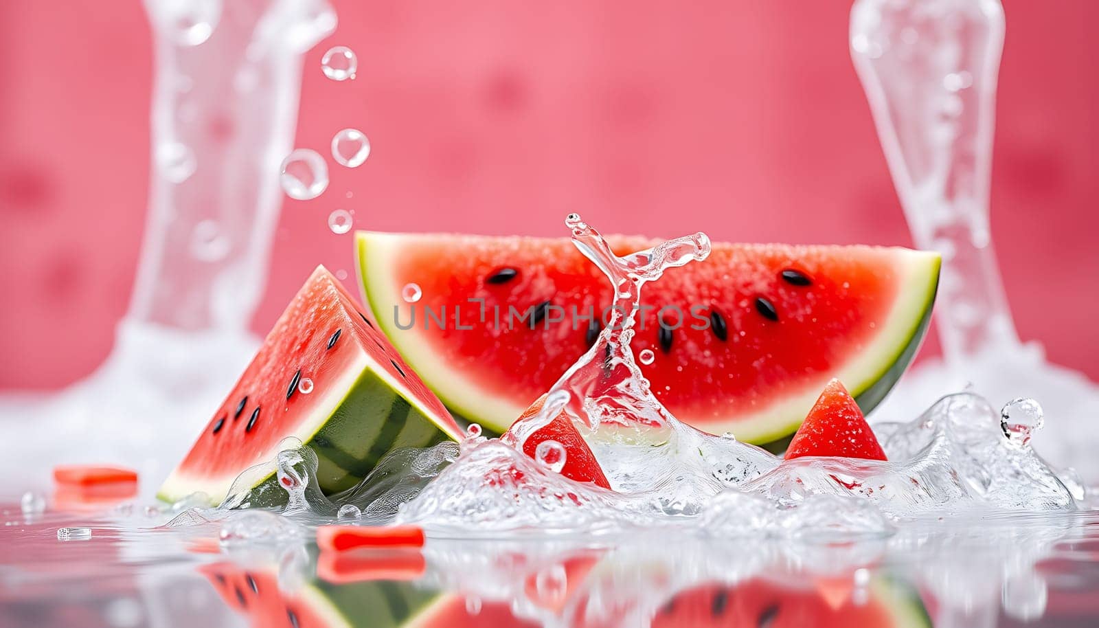 A refreshing image of watermelon slices splashing into water, creating a burst of vibrant red and green colors. The water droplets and splashes add a dynamic element to the composition, perfect for showcasing summery drinks, healthy snacks, or refreshing beverages. The vibrant pink background complements the watermelon's juicy tones, creating a visually appealing and appetizing scene. This image is ideal for advertising, editorial, or food photography.
