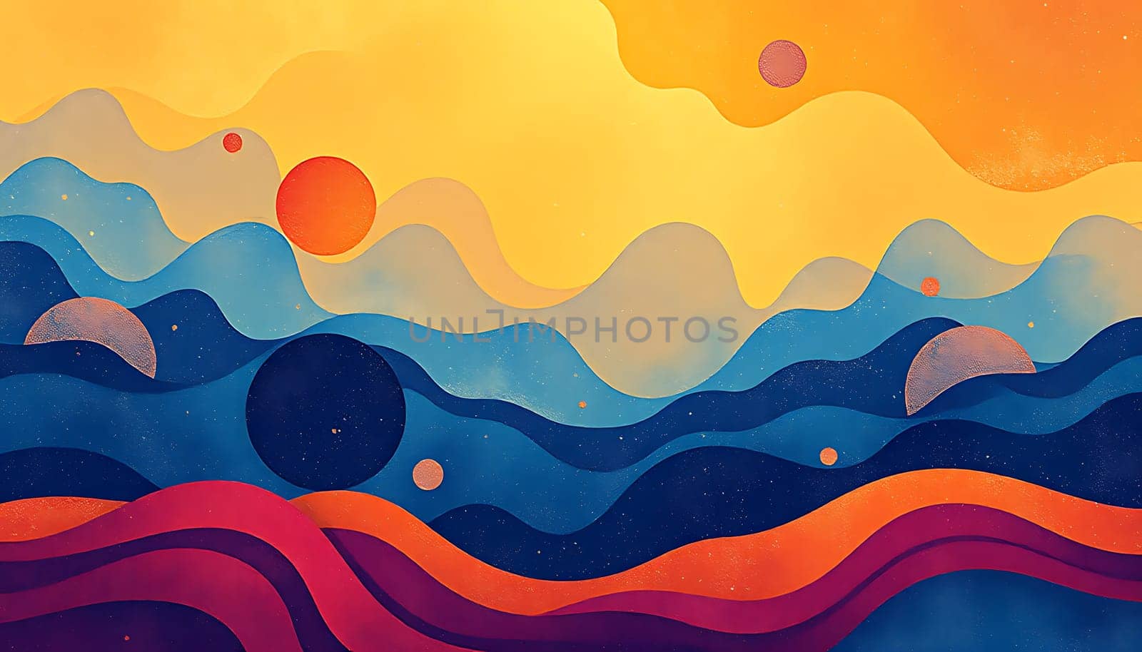 This abstract digital illustration features a vibrant and colorful landscape with wavy lines and circular shapes, resembling a surreal, dreamy world. The image is perfect for backgrounds, presentations, posters, and other creative projects. Its captivating colors and unique style make it a visually appealing asset for various design needs.,