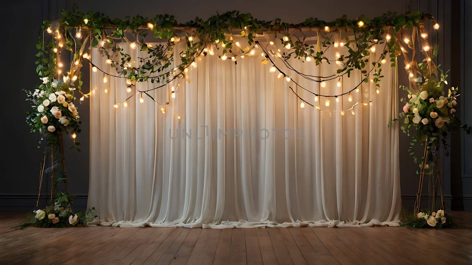 This beautiful image features a white sheer backdrop adorned with string lights and greenery, creating a romantic and elegant atmosphere. Two floral arrangements on either side of the arch add a touch of color and texture. The warm light emanating from the bulbs casts a soft glow, perfect for highlighting a wedding ceremony or special event. The backdrop is ideal for capturing stunning portraits and showcasing products. Use this image for invitations, wedding blogs, and marketing materials.,