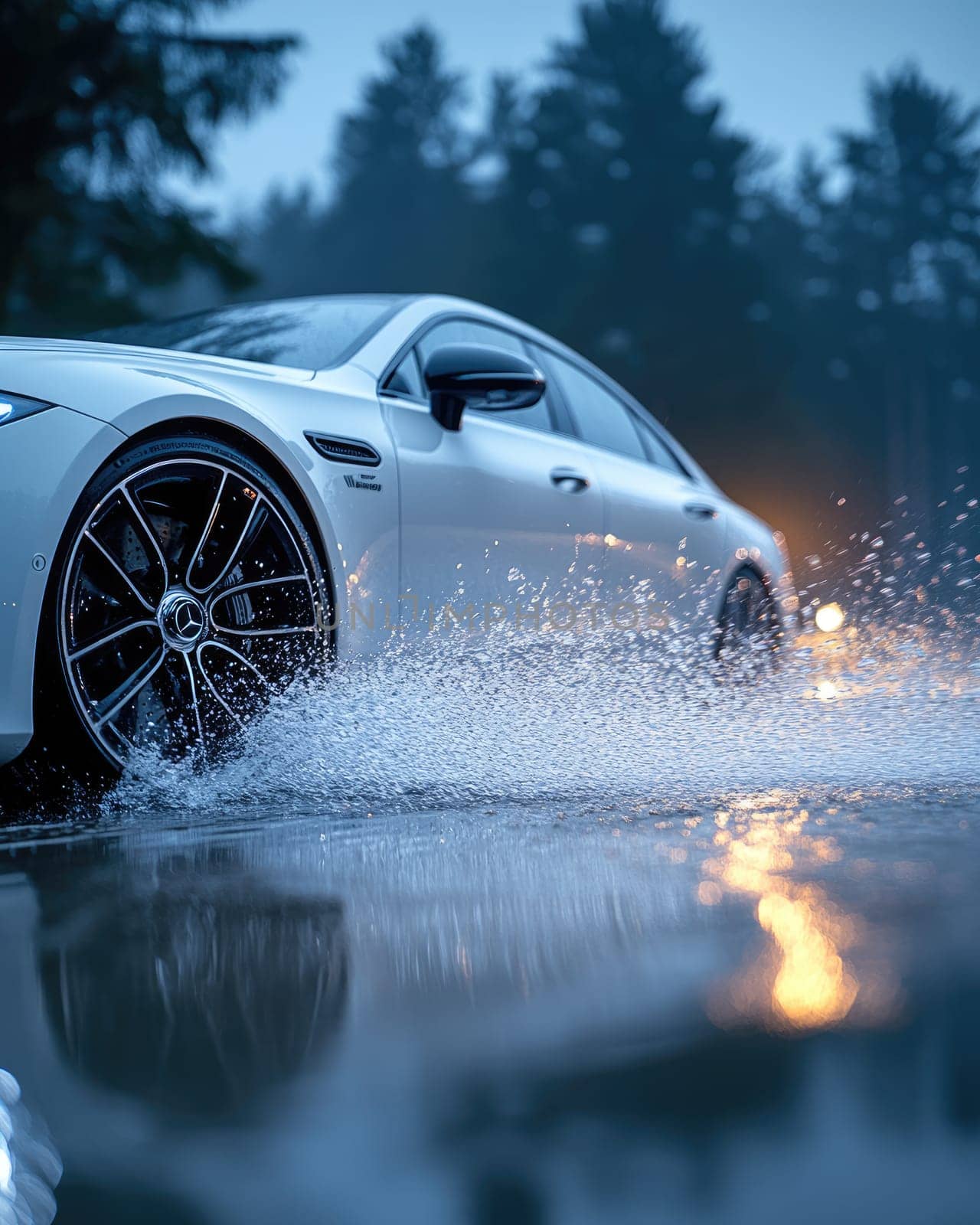 Safe journey: vehicle cautiously navigating a damp roadway, emphasizing the importance of driving safety and vehicle control on slippery surfaces while adapting to challenging wet road conditions