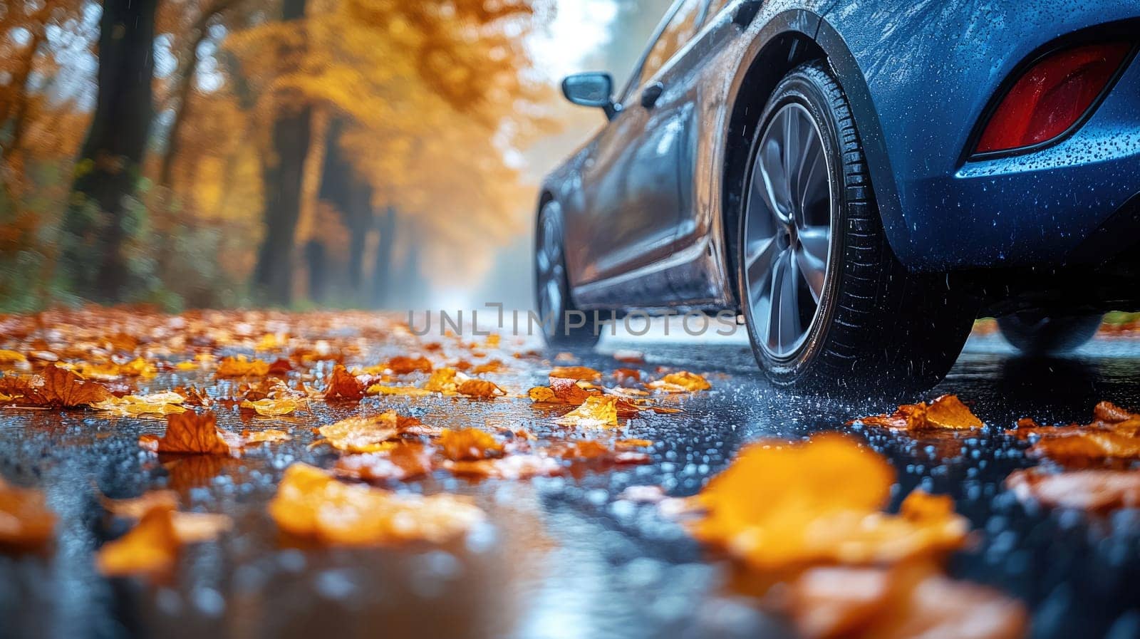 Cautious drive: vehicle carefully maneuvers on a slick road, illustrating the significance of maintaining control and awareness in adverse weather conditions to ensure safety and prevent accidents
