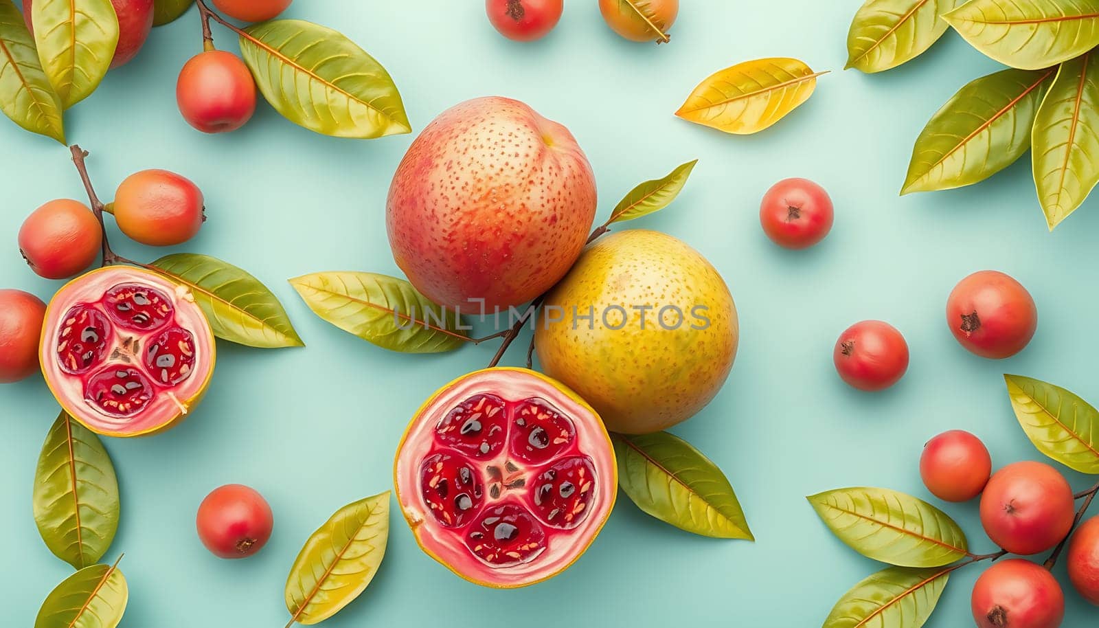 A vibrant and colorful flat lay featuring whole and halved tropical fruits, along with lush green leaves, arranged against a refreshing blue backdrop. This image evokes a sense of freshness, vitality, and summery appeal, ideal for showcasing healthy food, exotic cuisines, or tropical destinations. It can also be used for marketing materials, social media posts, or as a decorative element for various design projects.,