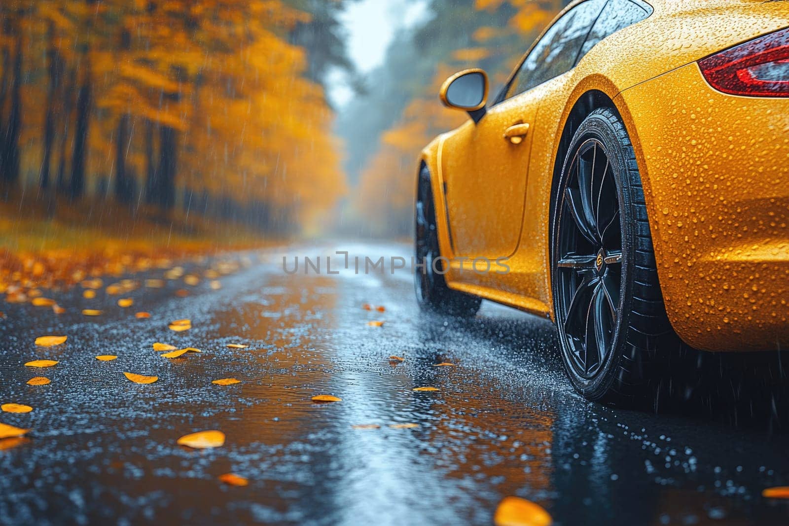 Cautious drive: vehicle carefully maneuvers on a slick road, illustrating the significance of maintaining control and awareness in adverse weather conditions to ensure safety and prevent accidents