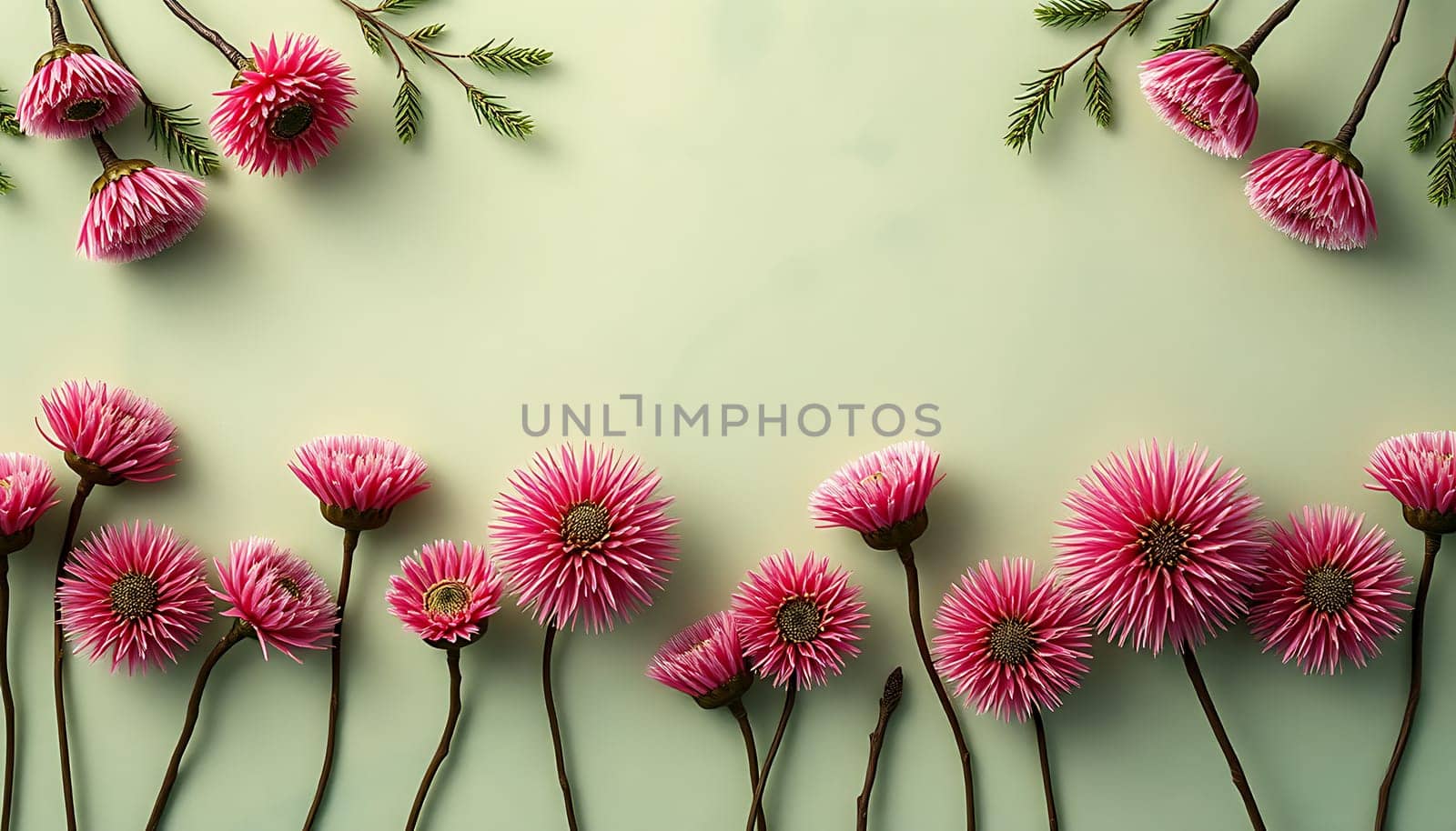 A beautiful and simple floral arrangement featuring pink flowers with green branches against a soft green background. Perfect for invitations, cards, and other designs, this image evokes a sense of tranquility and beauty. The delicate arrangement offers a timeless and classic aesthetic that can enhance any project. This high-resolution image provides a crisp and clean look, making it ideal for commercial and personal use.,