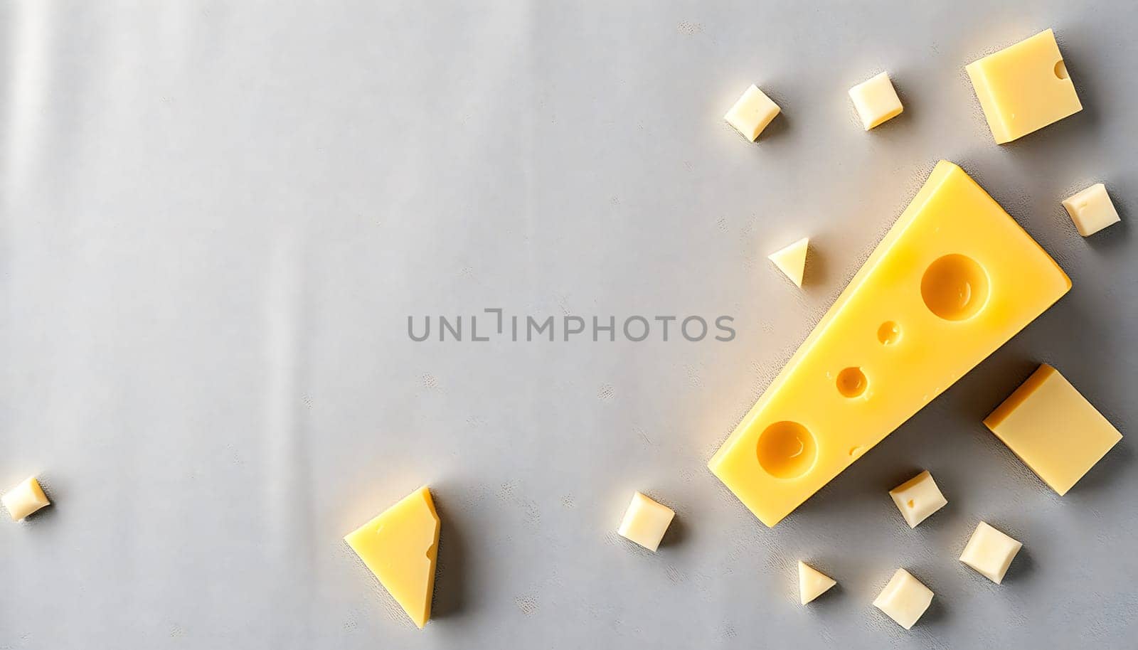 A top view image featuring Emmental cheese on a grey background. The cheese is arranged in a variety of shapes and sizes, and there is plenty of negative space. This image would be perfect for use in a blog post, cookbook, or advertisement for cheese. ,