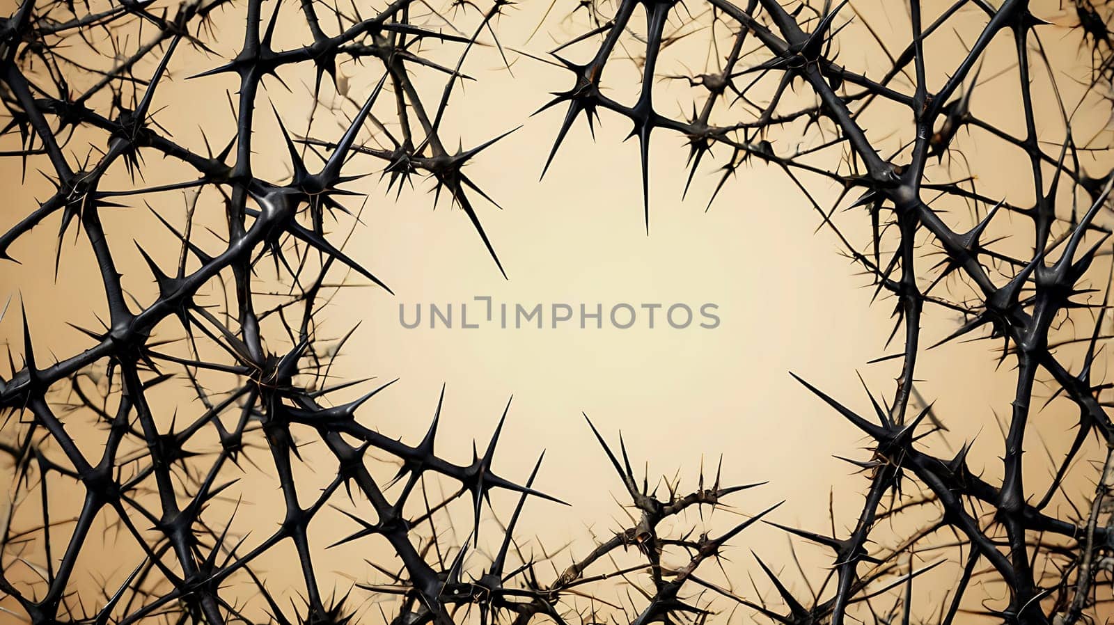 This image features a close-up shot of thorny branches against a soft beige background. The sharp, dark thorns create a dramatic contrast, while the muted tones evoke a sense of mystery. This image is perfect for projects related to nature, danger, protection, or the passage of time. It can be used in websites, social media, books, magazines, and more.,