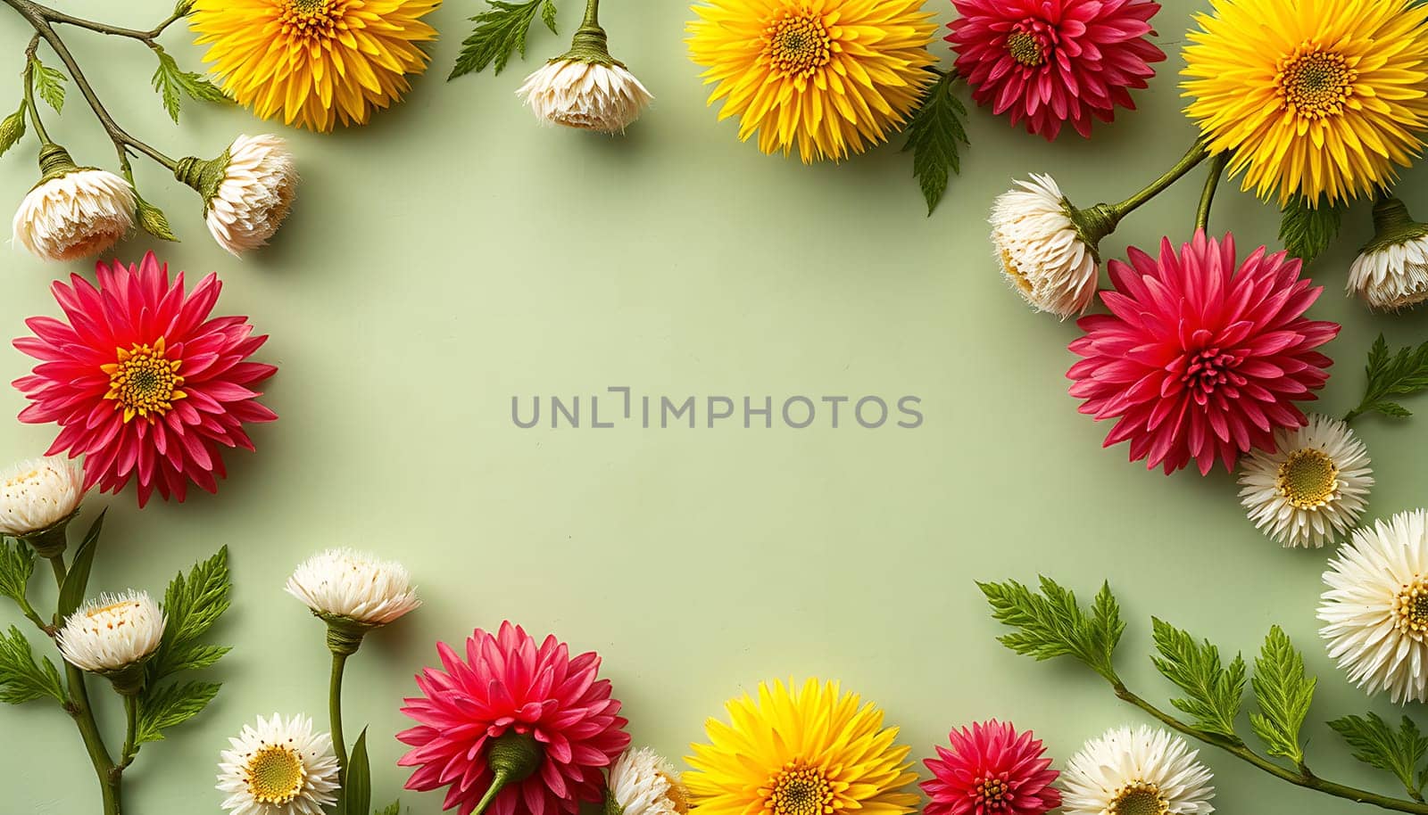 A beautiful floral frame with yellow and pink flowers arranged around a green background. This image is perfect for spring and summer designs, wedding invitations, and other creative projects. The vibrant colors and delicate petals create a sense of beauty and freshness. The frame offers a blank space for your text or design. Use this image to add a touch of nature to your projects.