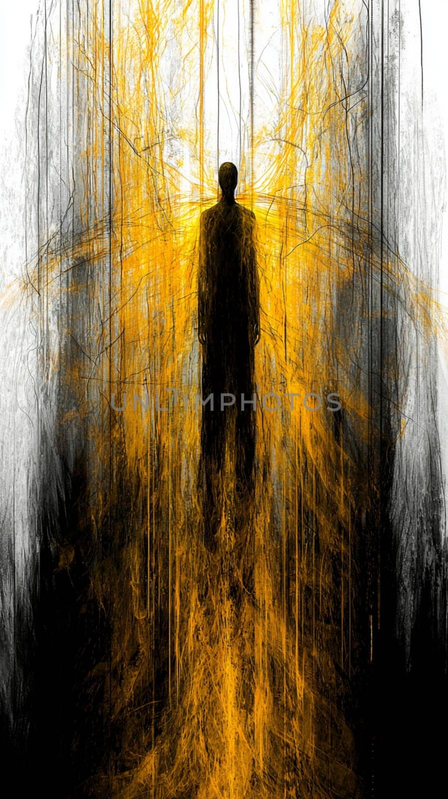 Dark silhouette is standing in a glowing yellow portal. Suggesting spiritual awakening. Enlightenment. Or a transition to another realm. The abstract style evokes a sense of mystery and the unknown
