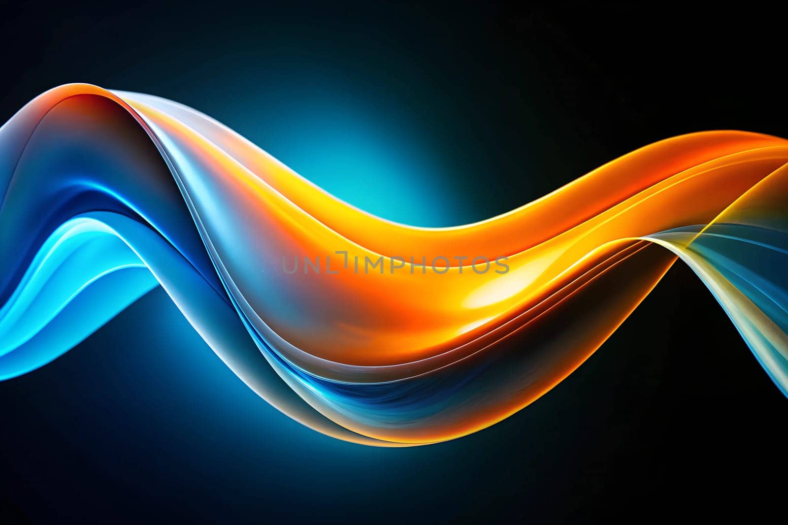 A captivating display of vibrant wave patterns in shades of orange and blue intertwining gracefully against a deep black background, creating a dynamic visual flow.