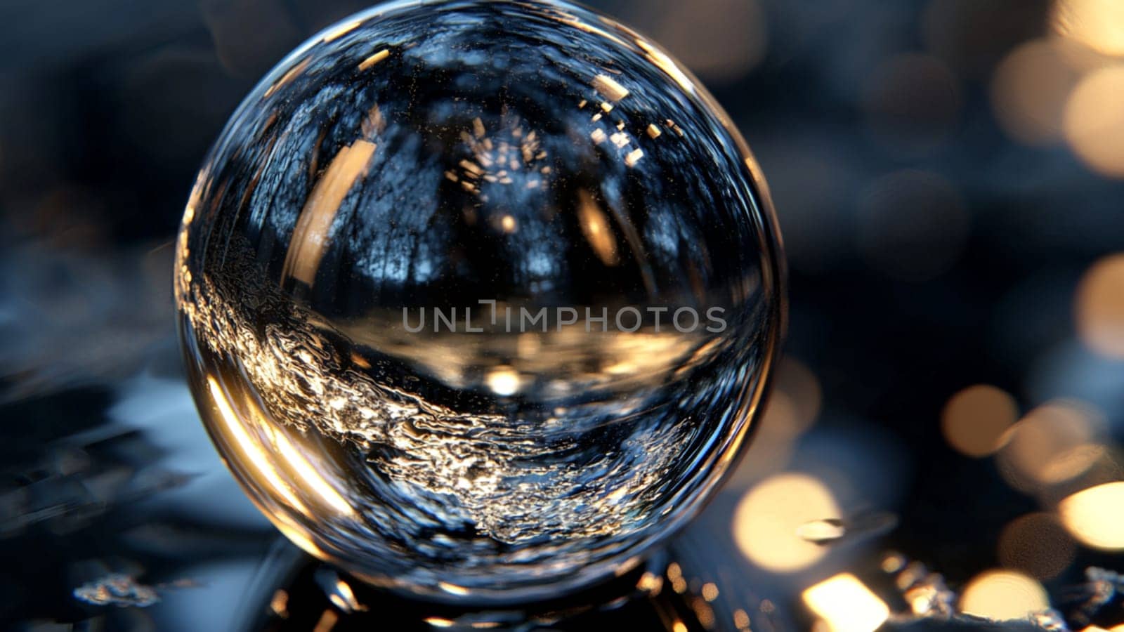 Crystal ball is reflecting an abstract image of a forest and golden bokeh lights, creating a magical and mysterious atmosphere