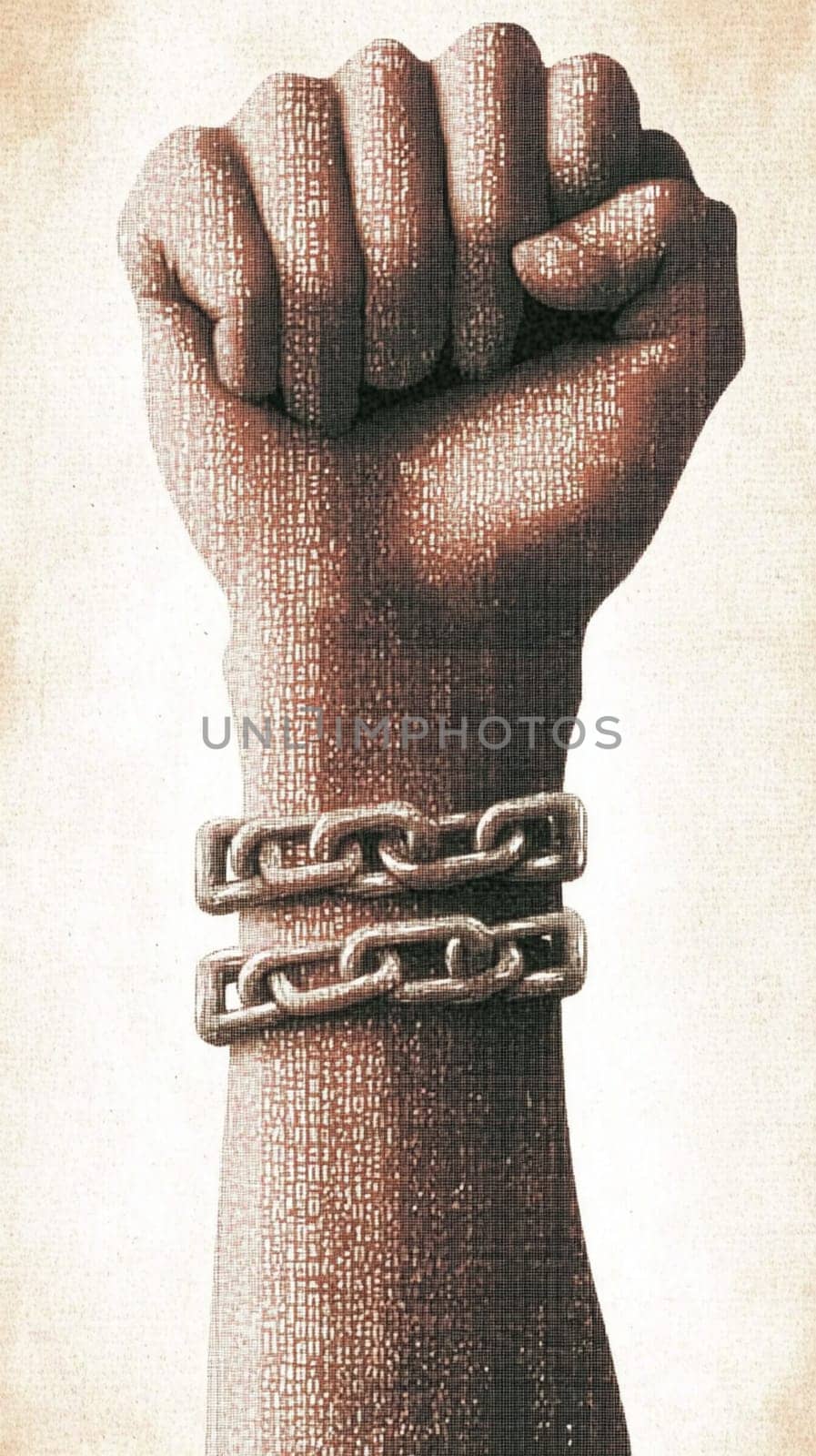Powerful fist, adorned with intricate patterns, is breaking free from heavy chains, symbolizing the struggle for freedom and equality