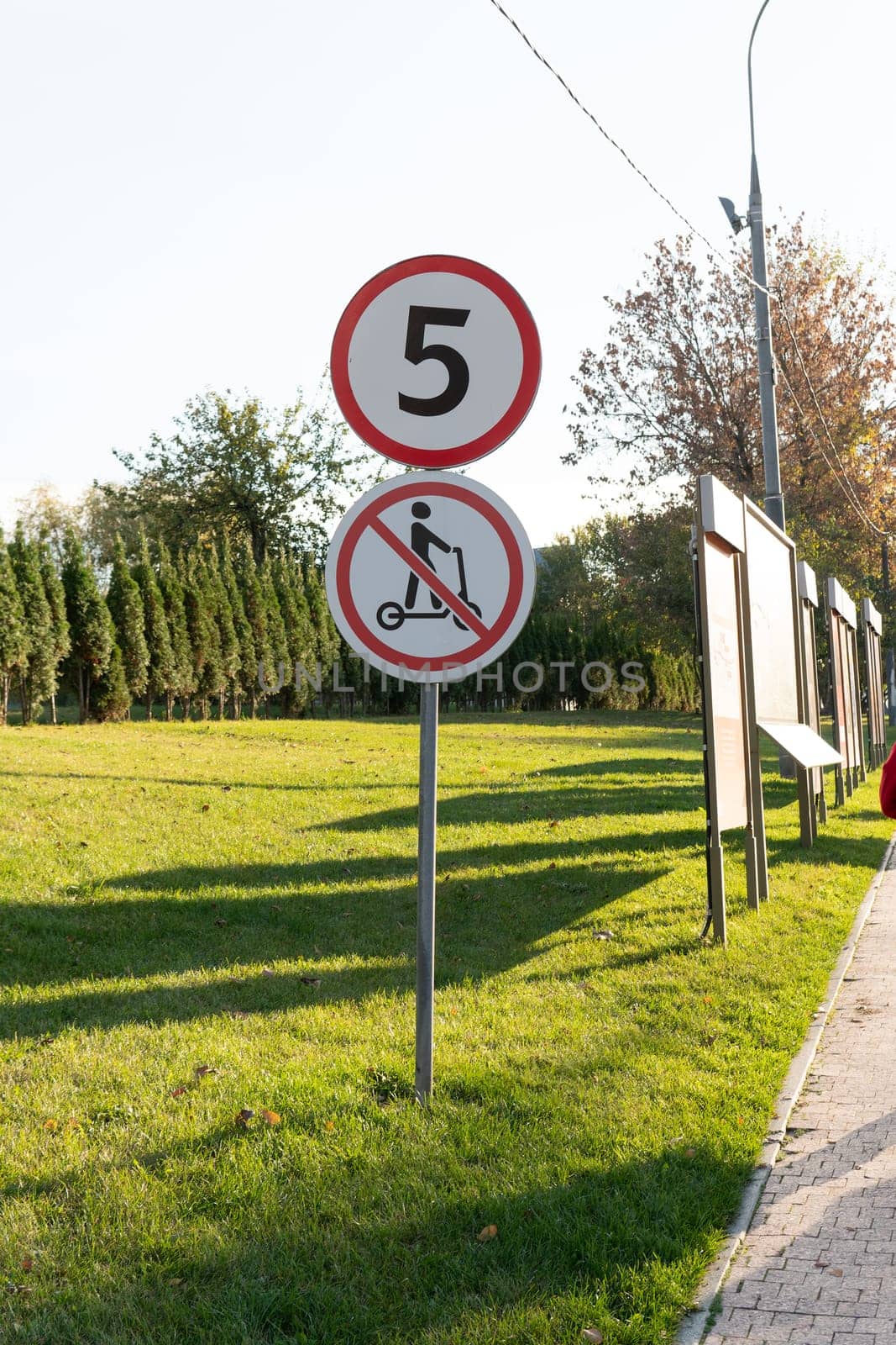 red sign street blue traffic transportation travel symbol safety scooter road concept vehicle